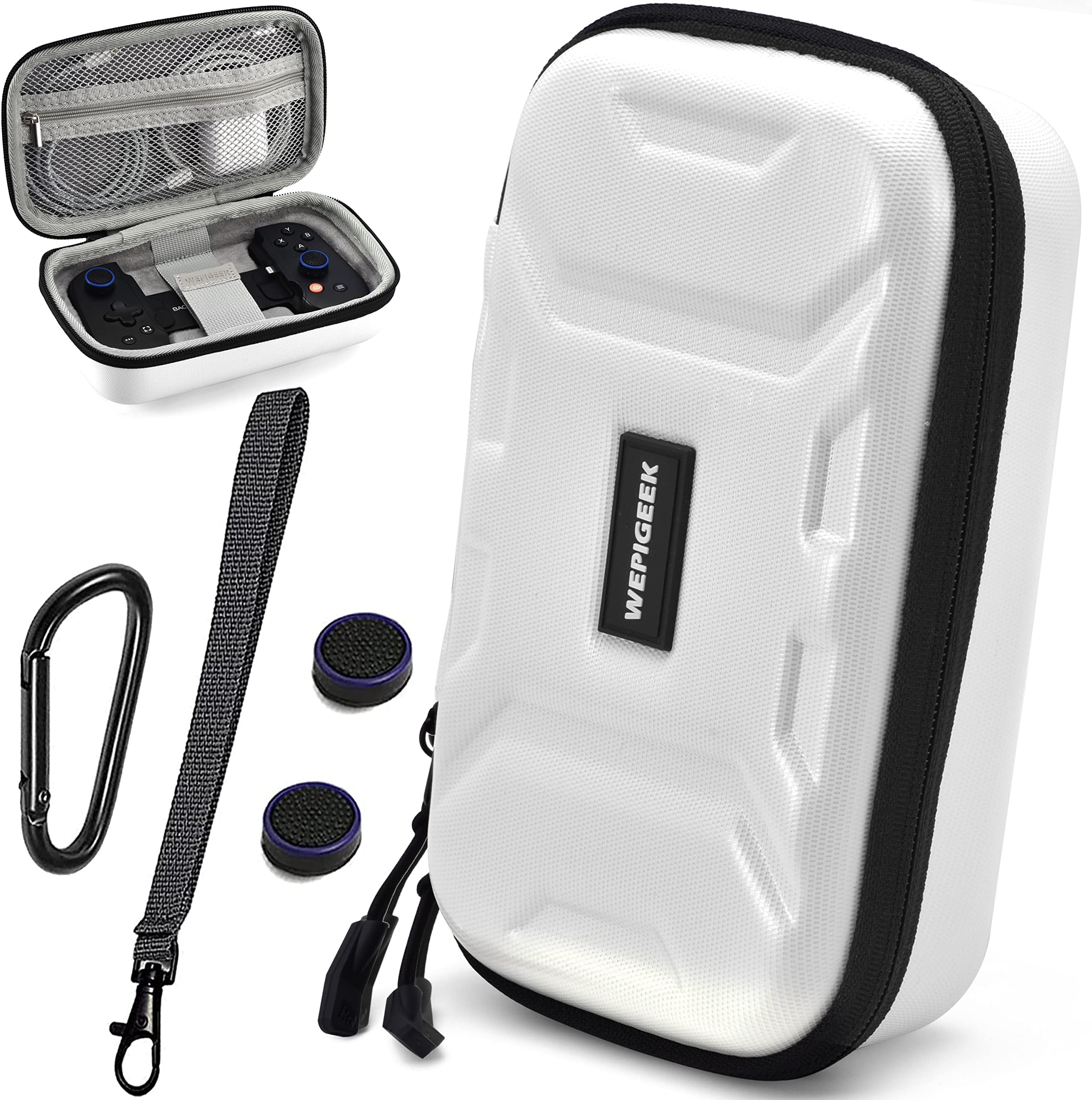 WEPIGEEK Hard Case for Backbone One Controller iOS/Android/Playstation Edition Design Perfect Groove,Strong Strap,Soft Lining,Pockets for Accessories Come with Carabiner &Thumbsticks-White
