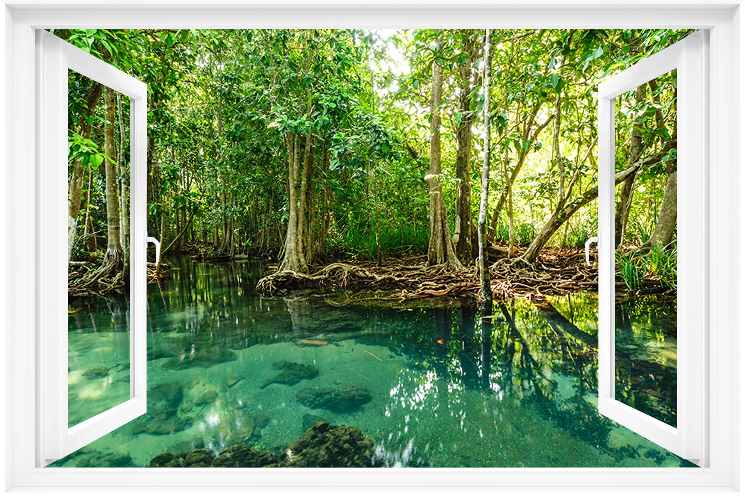 Fake Window Decal - 48"x32" Pre-Cut Vinyl Wall Art (Top & Bottom Panels) | Tropical Forest Lake Scene Mural Sticker | Removable Peel & Stick Decor