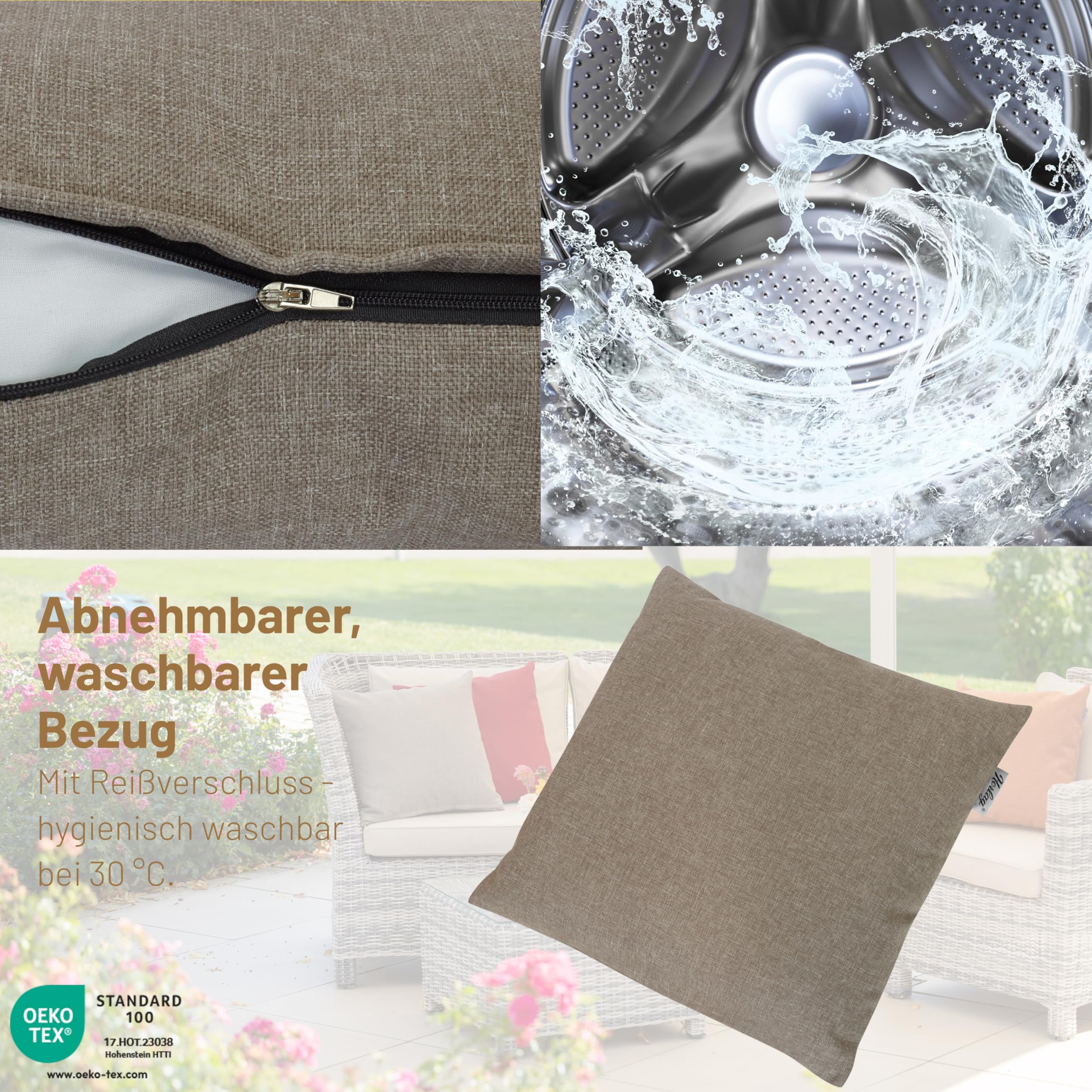 Herlag Sunny Outdoor Dekokissen 50x50cm – wetterfest & UV-beständig – waschbarer Bezug mit Reißverschluss – inkl. Innenkissen – Zierkissen für Balkon & Garten – Gartenkissen für draußen – Taupe