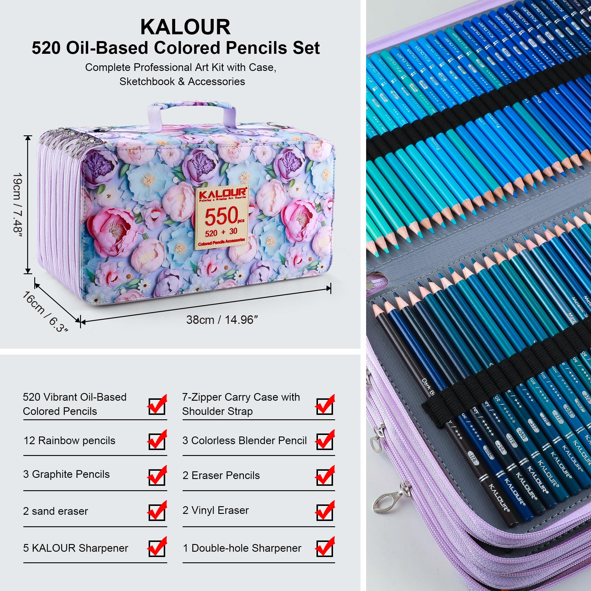 KALOUR PDAS Lot de 550 crayons de couleur Pro - Noyau souple - Couleurs vives pour dessin, croquis, ombrage et coloriage - Fournitures d'art professionnelles pour adultes, artistes et débutants