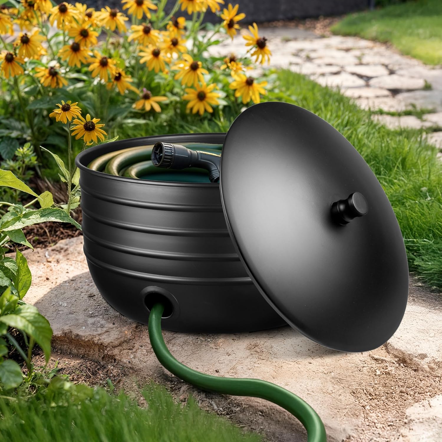 Monarch Abode Garden Hose Holder with Lid – Decorative Water Hose Holders for Outside, Border Embossed Metal Matte Black Pot with Drainage, 100ft Waterhose Holder for Outside, Garden Storage Caddy