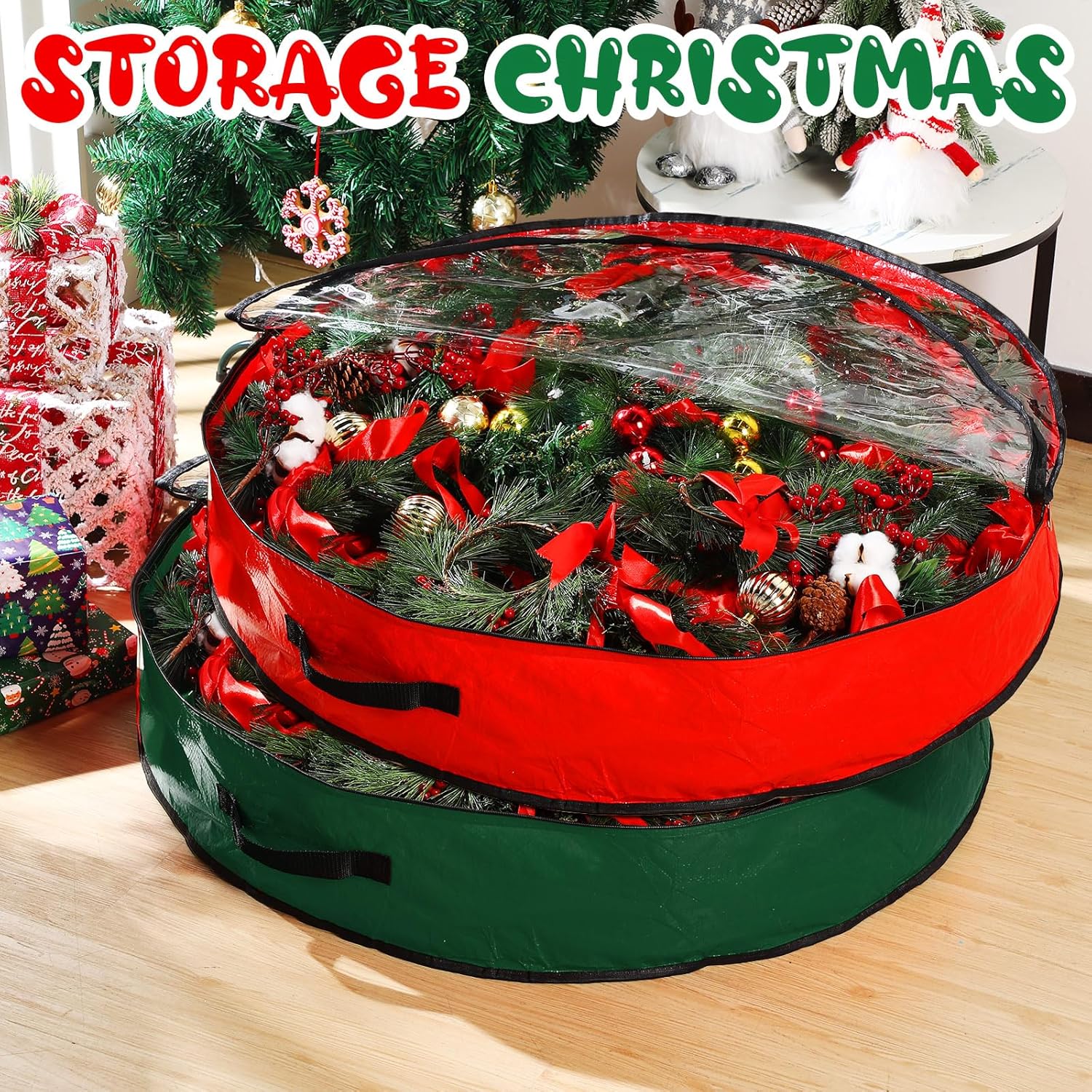 Aliceset 4 Pack Wreath Storage Containers, Ornament Garland Wreath Storage Bags with Handle Zipper Decorative Storages Box for Winter Valentine Wreaths(36 x 36 x 7.8 Inch,Red, Green)