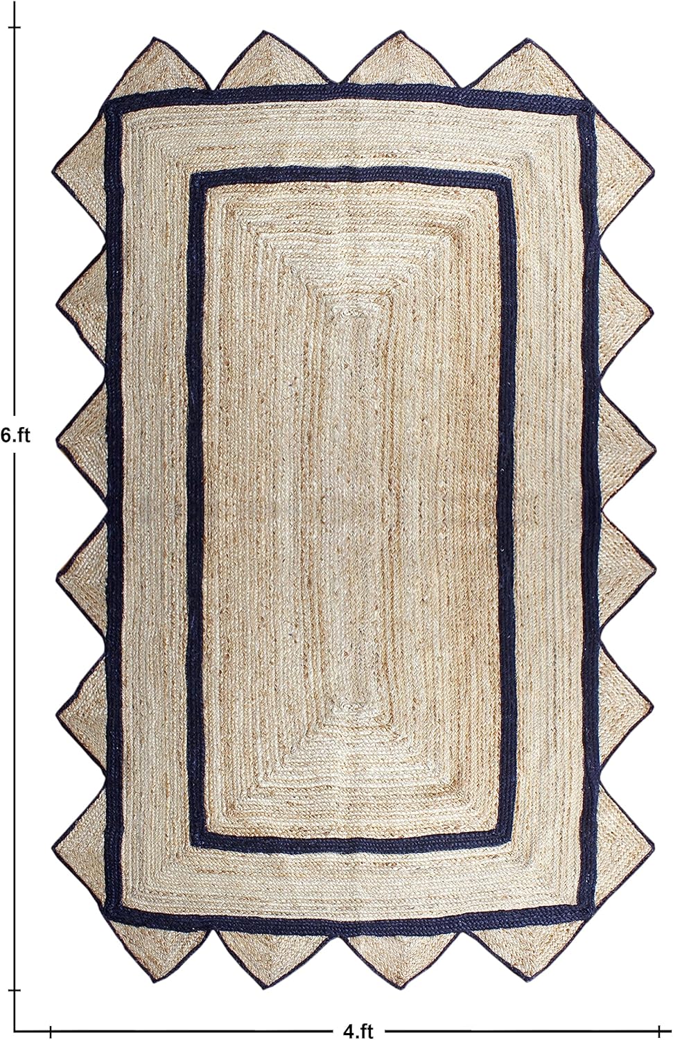 Scalloped Rug, Natural Jute Fiber Area Rug, 2x3 Ft Beige & Black Woven Kilim Rug Carpet for Living Room, Bedroom, Kitchen, Entryway, Farmhouse