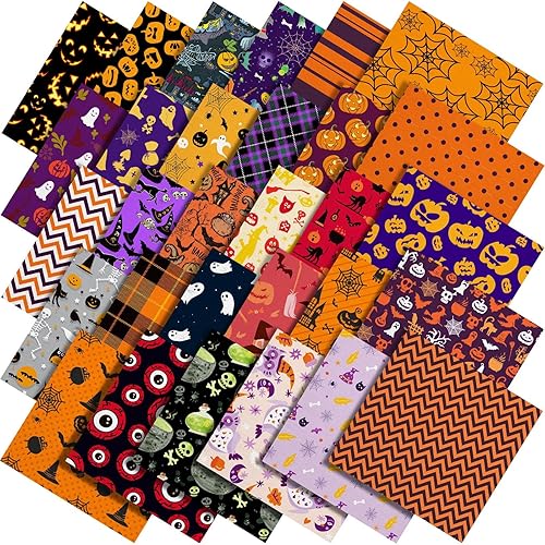 Paquete de 60 piezas de tela de poliéster de Halloween de 10 x 10 pulgadas, paquete de tela de poliéster con diseño de murciélagos, calabaza,