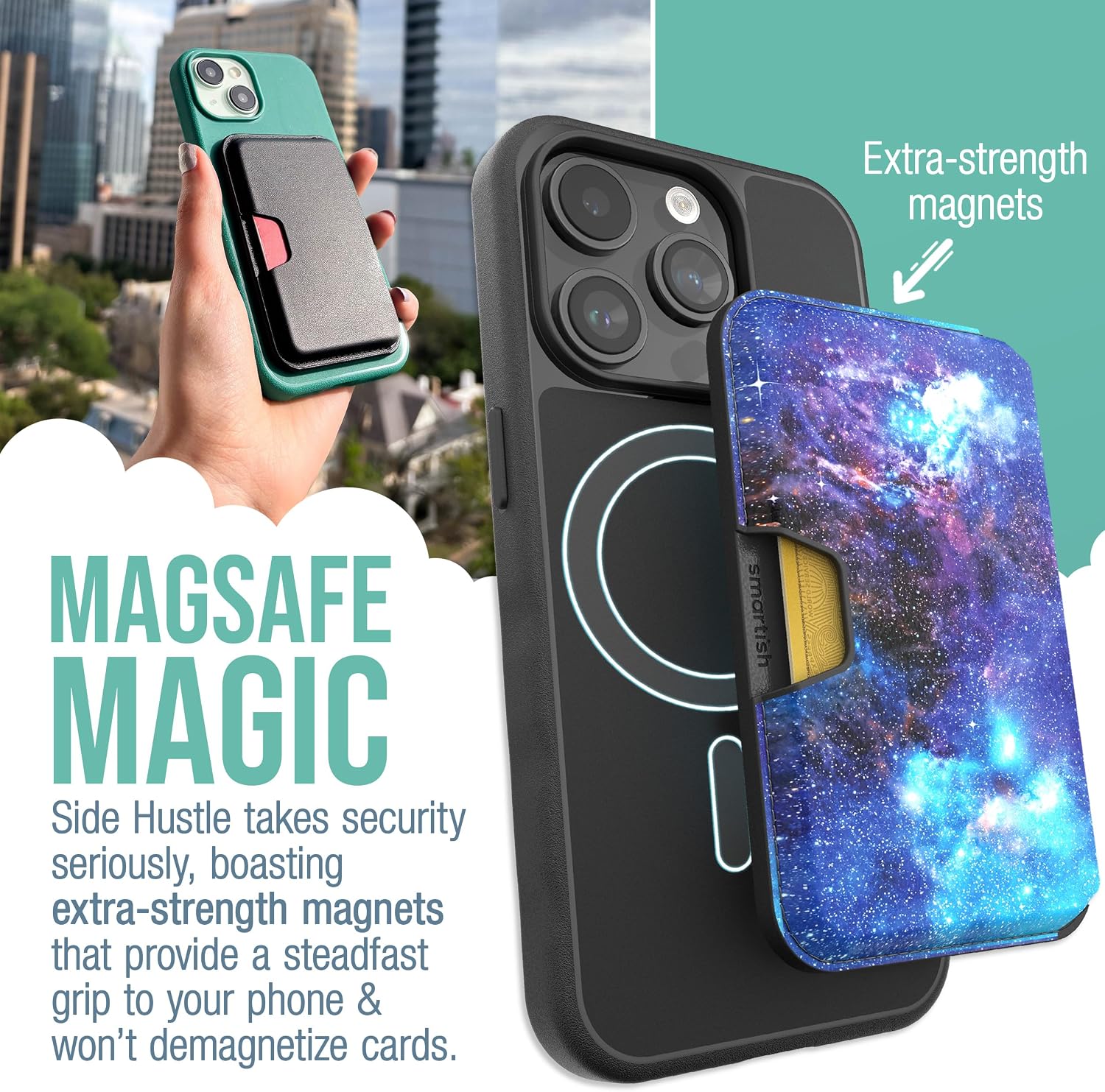 Smartish MagSafe Wallet - Side Hustle Classic - Vegan Leather Detachable Magnetic Card Holder, Holds 3 Cards + Cash, Qi2 Certified for Apple iPhone 17/16/15/14/13/12 - Spaced Out