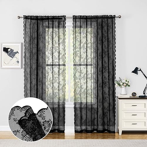 Miniatura 2 de Paneles de cortina de encaje transparente de 108 pulgadas, clásico bordado negro, juego de cortinas semitransparentes para ventana, diseño floral