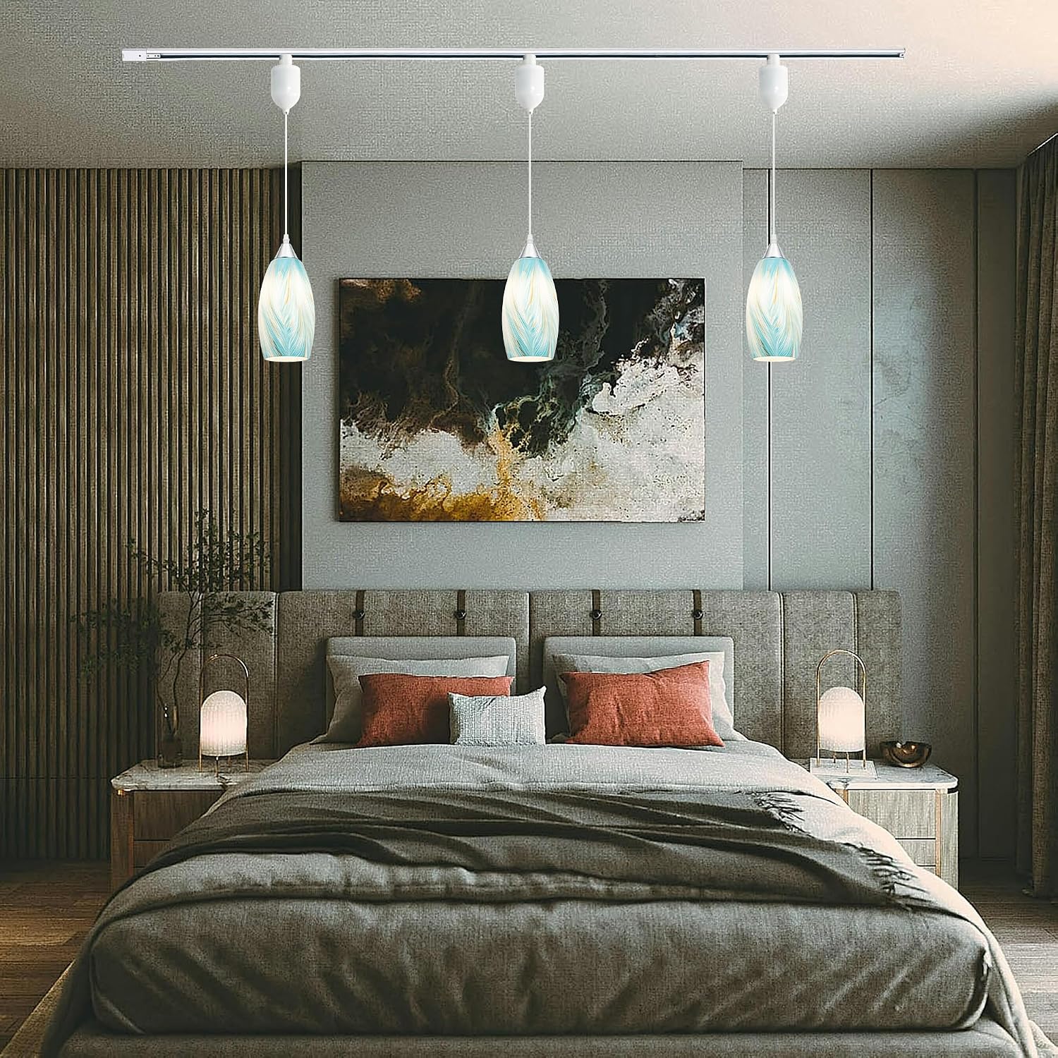 Kiven H-Type Track Lighting Pendants Adjustable Height,Farmhouse h Track Pendant Lights with Light Blue Art Glass Lampsade,Decorative Track Lighting Fixture for Hallway Kitchen Island, 3-Light