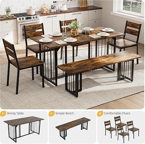 Miniatura 5 de DWVO Juego de mesa de comedor de 63 pulgadas para 6-8 personas, juego de mesa de cocina grande de 6 piezas con 2 bancos y 4 sillas, mesa de comedor