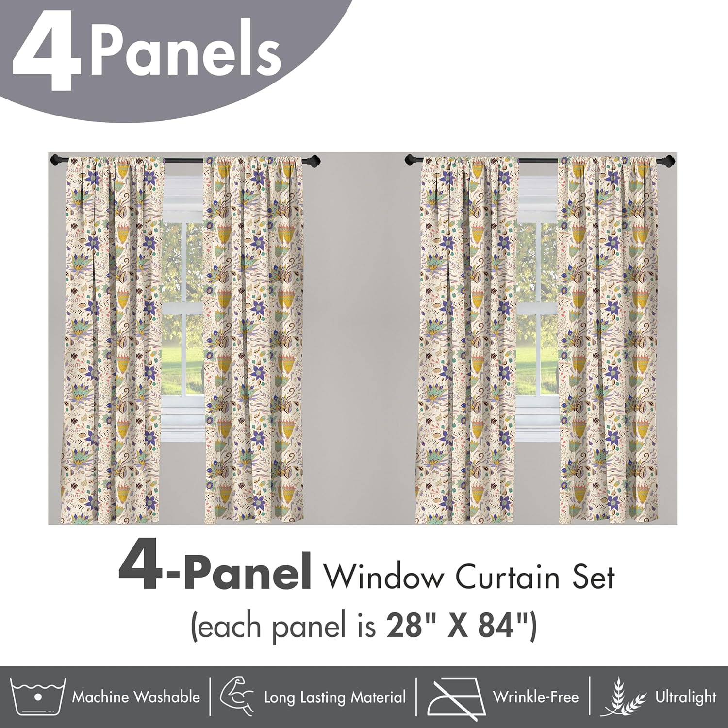 Ambesonne Botanical Window Curtains Pack of 2, Abstract and Floral Pattern on Pastel Background Romantic Summer Garden, Lightweight Set with Rod Pocket, 4 Panels of - 28" x 84", Beige Green