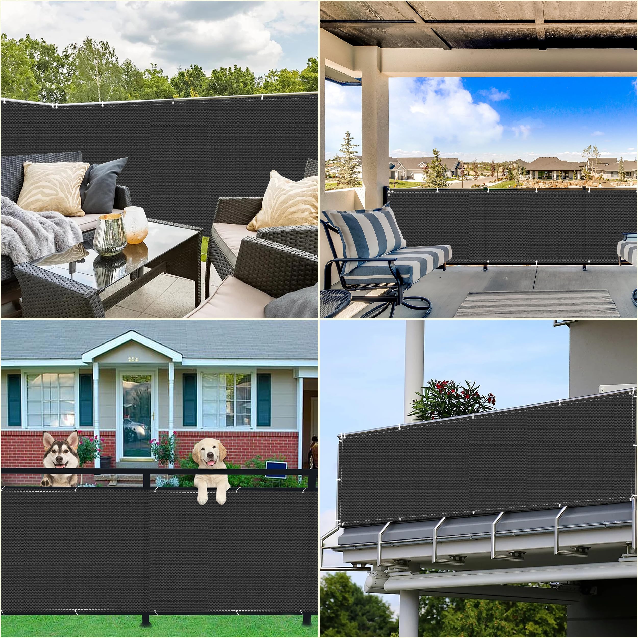 Schwarze UV-Netzabdeckung, 110 x 850 cm, strapazierfähiges 165 g/m² HDPE-Gewebe mit Ösen, Nylon-Kabelbinder und Kordel, ideales Balkonnetz für Zaun oder Geländer