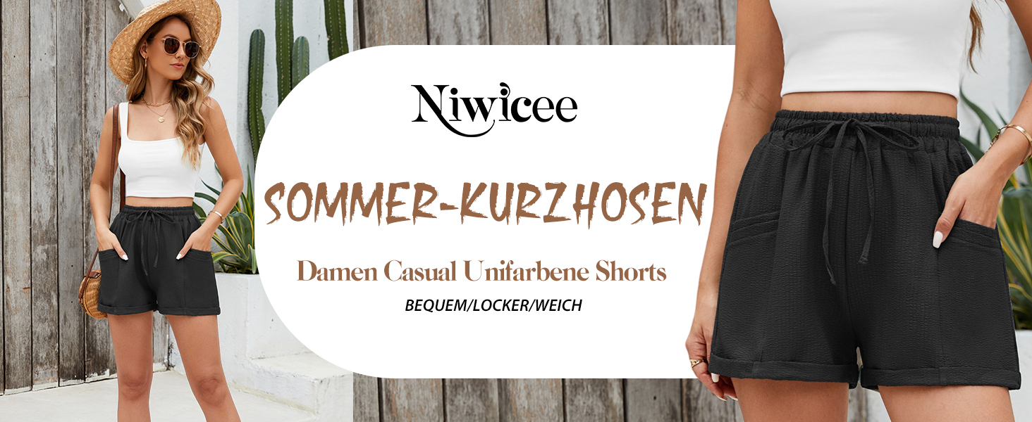 Short Femme Niwicee Taille Haute | Sport été Léger, Ceinture Élastique, 100% Polyester, Multi-Poches