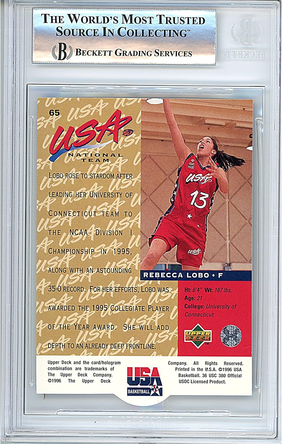 Rebecca Lobo Autographed 1996 Upper Deck Team USA Olympics Die Cut Insert #65 Basketball Trading Card Beckett BAS Slabbed COA Played For UConn Huskies NCAA