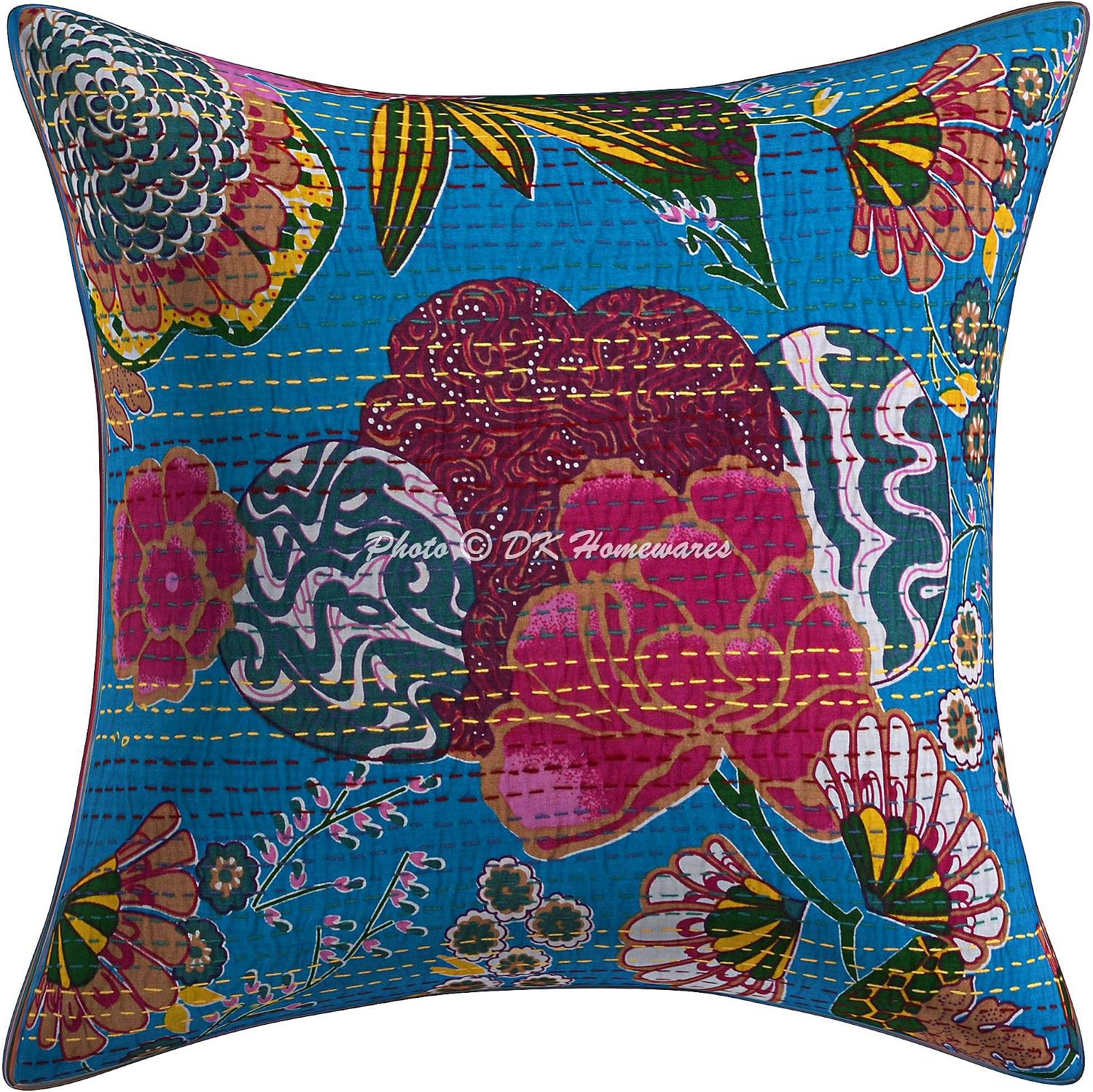 Bohemian Decorative Accent Throw Pillowcases 16x16 Inch Cotton Kantha Tropicana Indian Square Sofa Cushion Covers (Size - 40x40 cm ; Color: Turquoise) - Set of 5 Pcs (Cover Only)