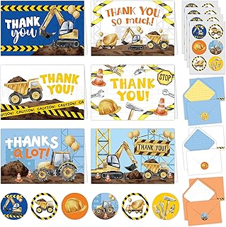 Decorably 24 Pack 6x4in Construction Thank You Cards Kids with Envelopes and Stickers, 6 Fun Designs Kids Thank You Cards, Blank Inside - Kid's Party, Birthday