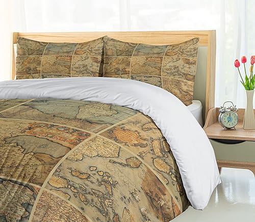 Miniatura 422 de Ambesonne Juego de funda de edredón de brújula, ilustración de mapa del mundo, marinero marítimo, equipo de vida monocromático, juego de ropa