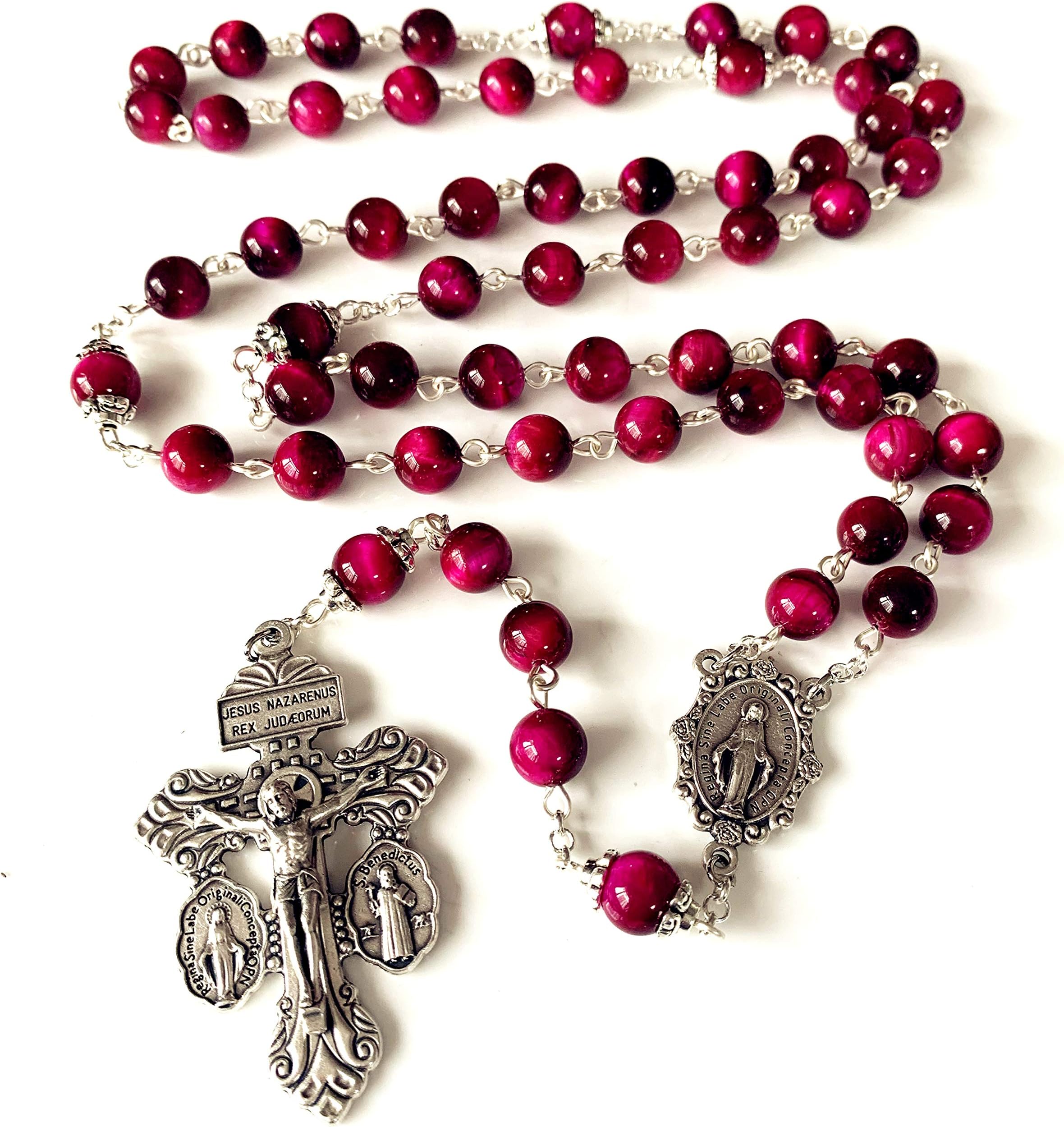 elegantmedical Handmade Red Tiger Eye Beads Our Lady of Grace Rosary Peacock Cross Necklace Catholic Gifts, 25", Red Tiger Eye, Metal