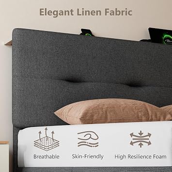 FEONASE 3ft Single Bed Frame with Charging Station, Linen Upholstered Platform Single beds with Storage Headboard, Sturdy Wooden Slat Support, Enhanced Support Noise Free, Easy Assembly, Dark gray