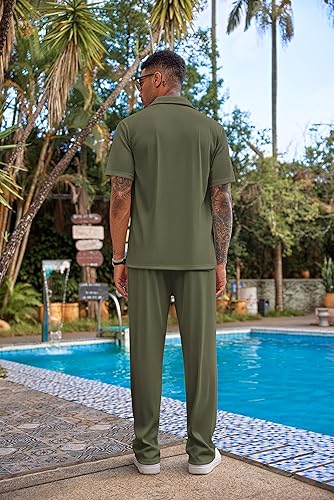 Vista 3 de COOFANDY Conjunto casual de 2 piezas para hombre, camisa de manga corta con botones, para playa, verano, conjunto de pantalones sueltos