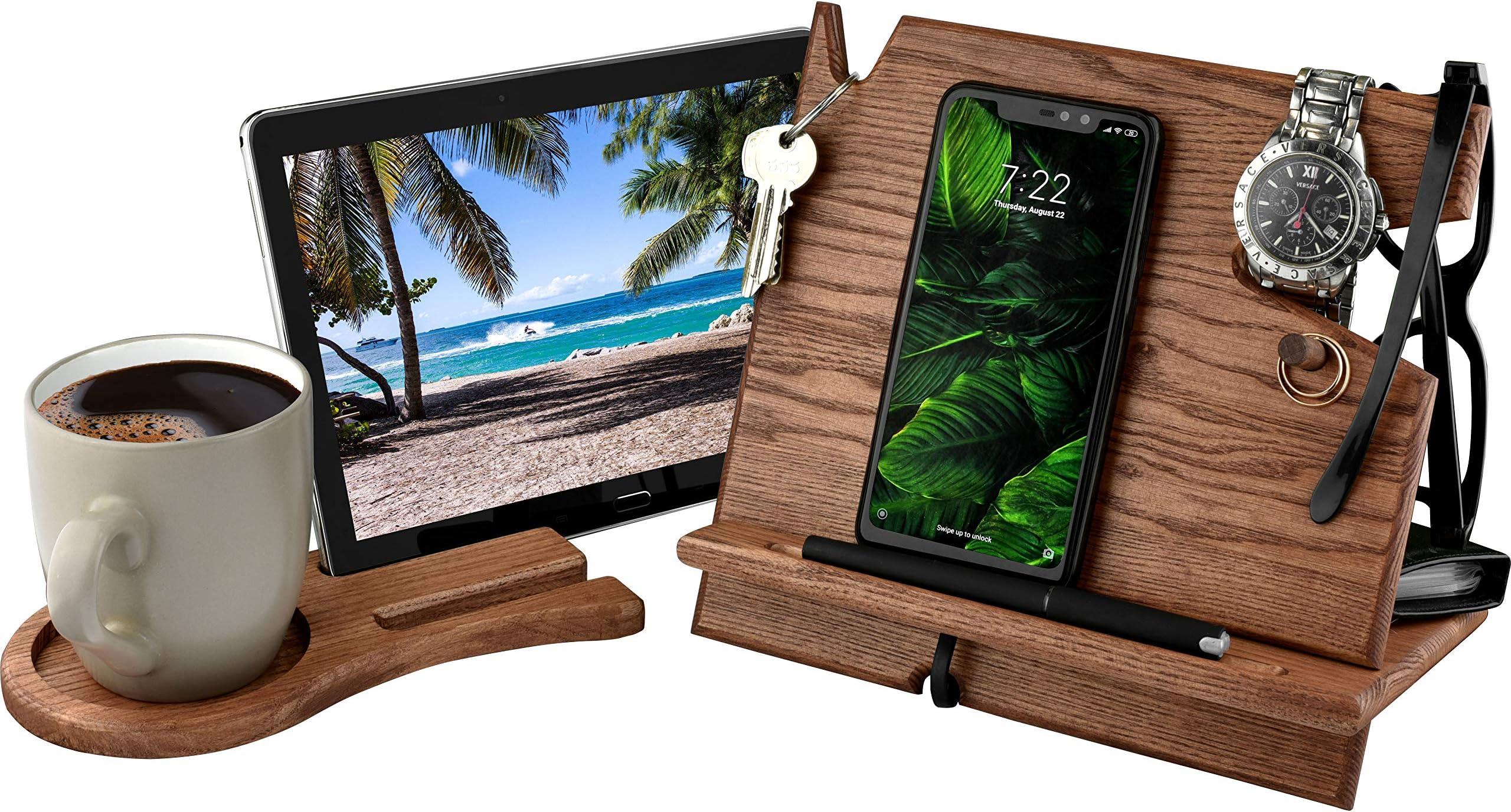 Cell Phone Stand Watch Holder. Men Wood Mobile Base Nightstand Charging Docking Station. Women Accessories Wooden Storage. Funny Bed Side Caddy Valet Happy Birthday Gift (Dark Walnut w/Coaster)