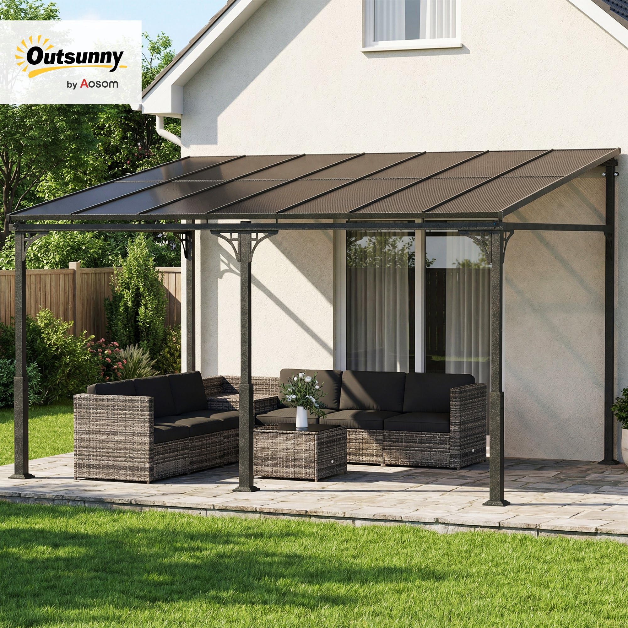 Outsunny Pergola ścienna 4 x 3 m Zadaszenie tarasowe z nachylonym dachem poliwęglanowym, metalowo-aluminiowa rama, przylegająca pergola na taras, ogród, brązowa