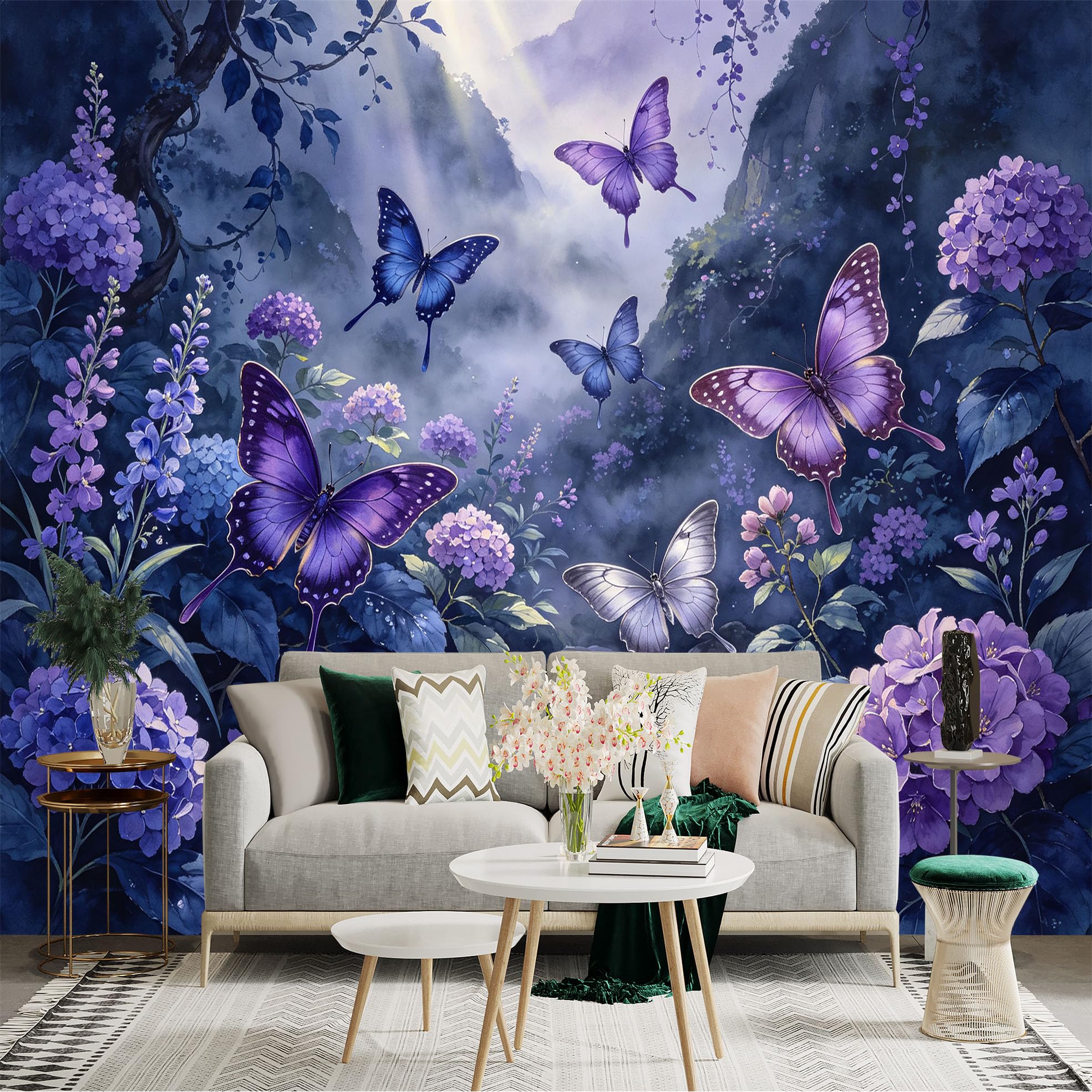 Lnzczhyre Bh260719718 Custom Size Wall Sticker Mural， Flying Purple Butterflies， Misty River Landscape， Blooming Hydrangea Flowers， For Wall Decoration， Peelandstick Wall Decals.