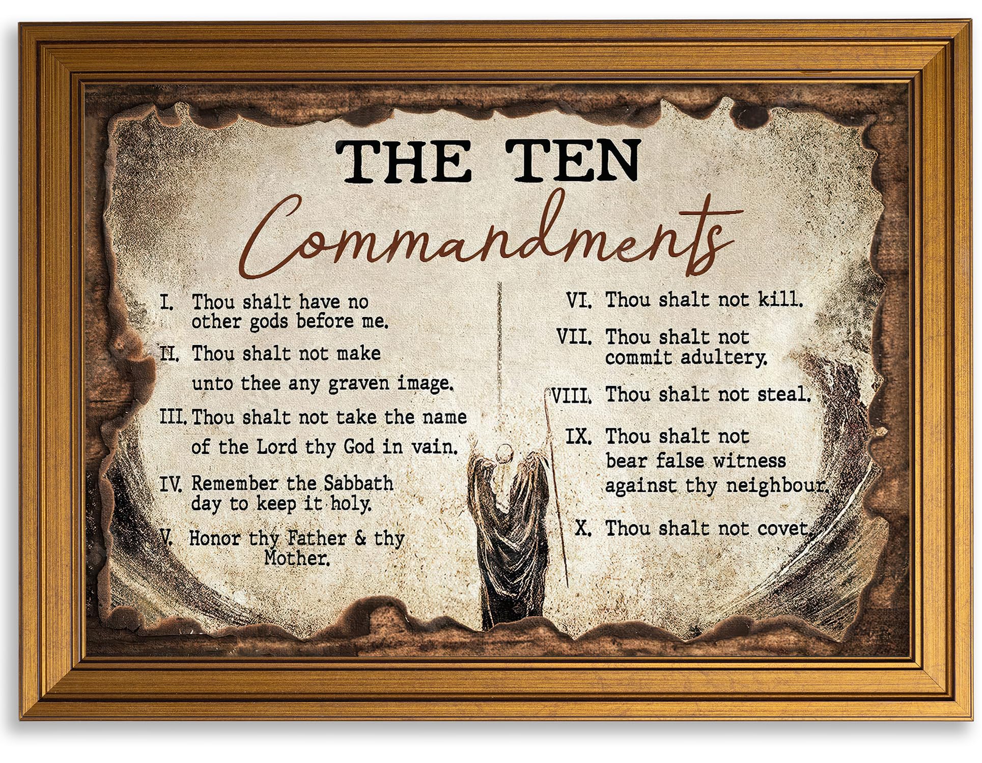 Vintage Gold Framed Christian Wall Art, The Ten Commandments Bible Verse Canvas Print, Religious Faith Picture Poster, Motivational Scripture Painting Artwork for Living Room Church Prayer Room