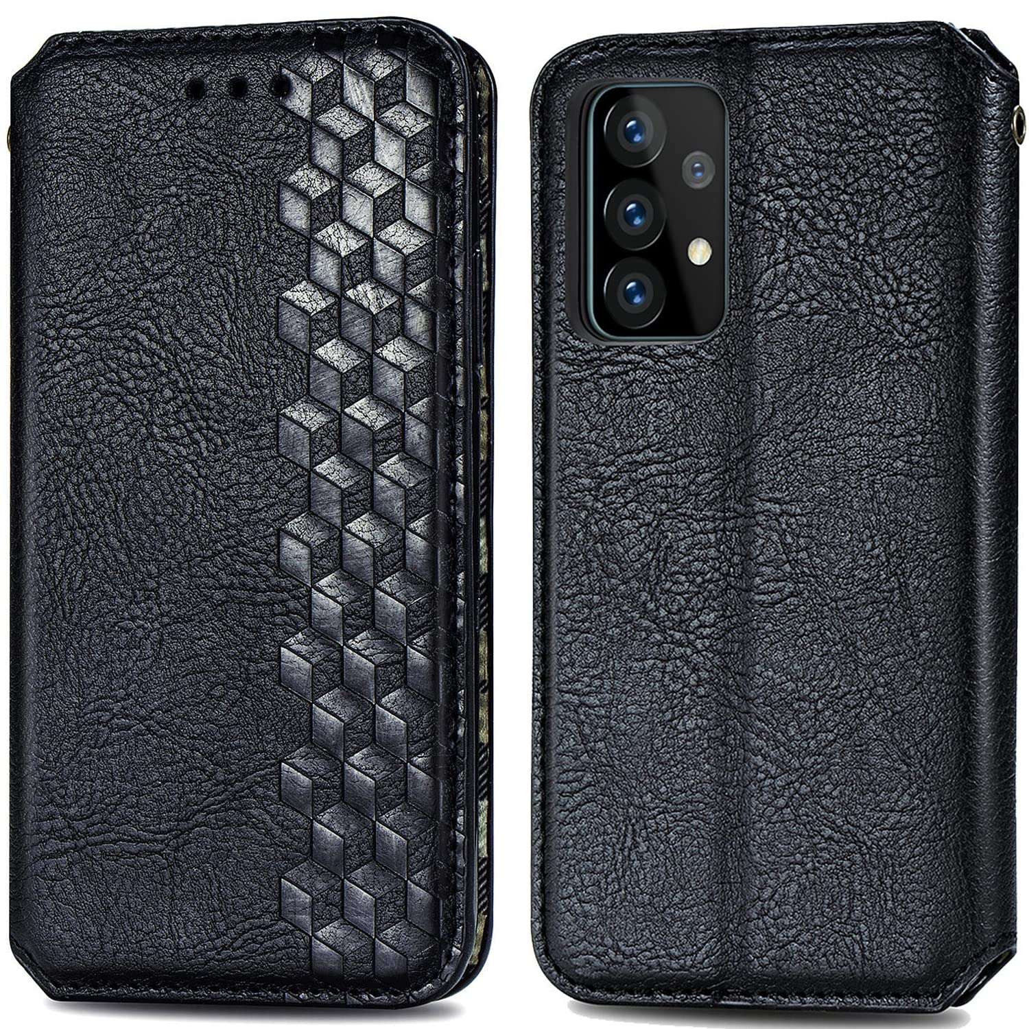 Roar Handyhülle für Samsung Galaxy A72 Hülle Flip Case Schwarz | PU Leder Klapphülle im eleganten Design mit 3D Design: 2 Kartenfächer, Geldfach, Magnetverschluss, Ständer, Stoßfest