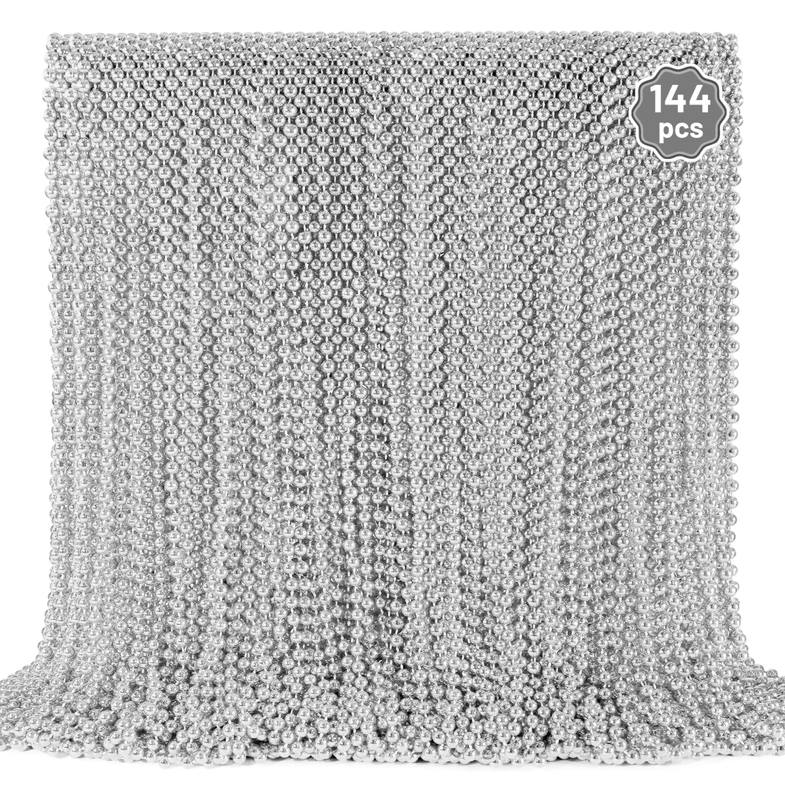 144 PCS Silver Bead Necklaces, Silver Mardi Gras Christmas Beads Necklace, Patriotic Necklaces, 33 Inch Beaded Necklace for Mardi Gras Christmas Party