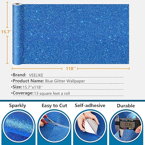 Miniatura 7 de VEELIKE Papel tapiz azul con purpurina de 15.7 x 118 pulgadas, papel adhesivo azul brillante para paredes, armarios, estantes, rollo de vinilo