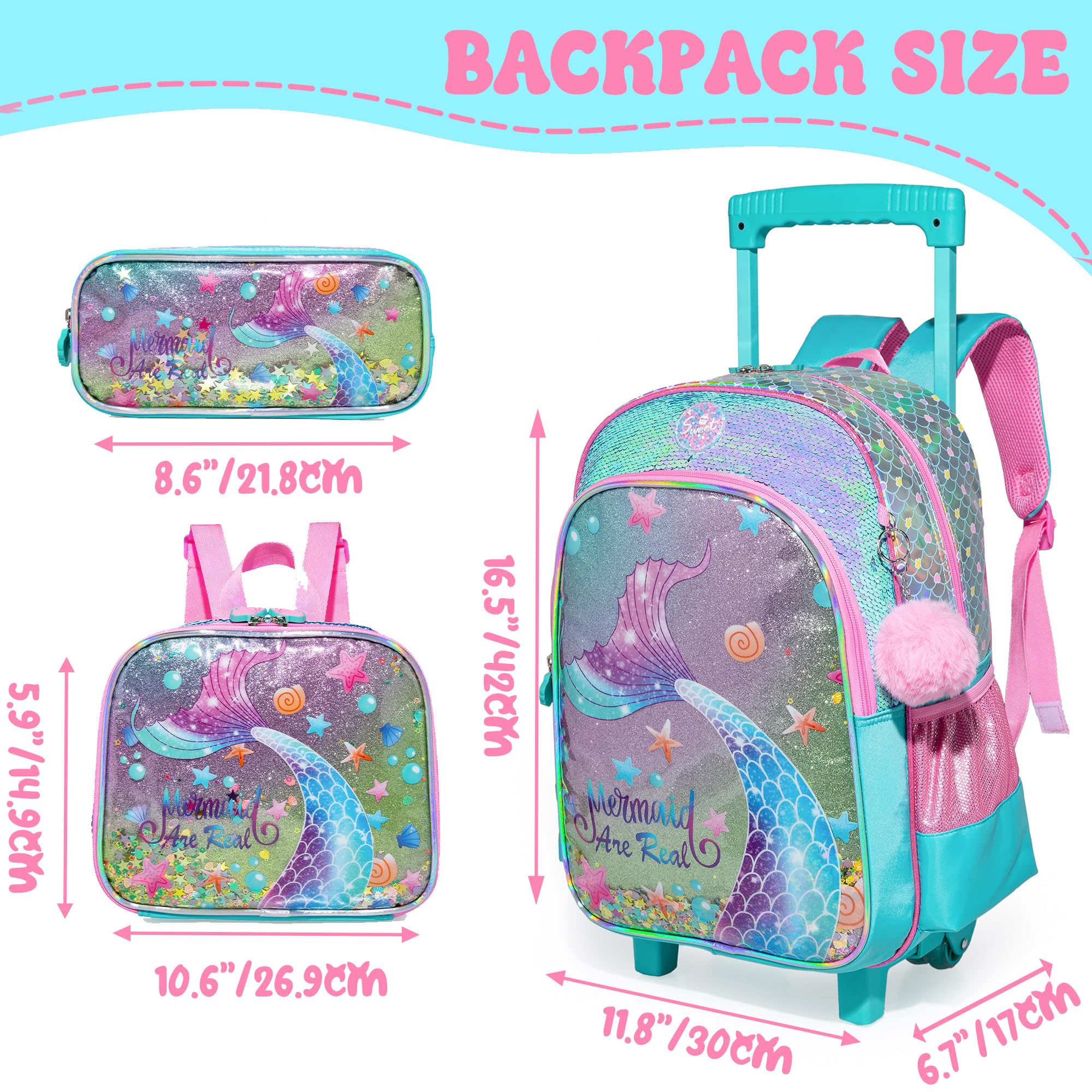 HTgroce Trolley Rucksack Mit Rollen, Federmäppchen, LunchTasche 3 in 1 Leicht Rolling Schulranzen für Mädchen, Schultaschen Trolley Sets