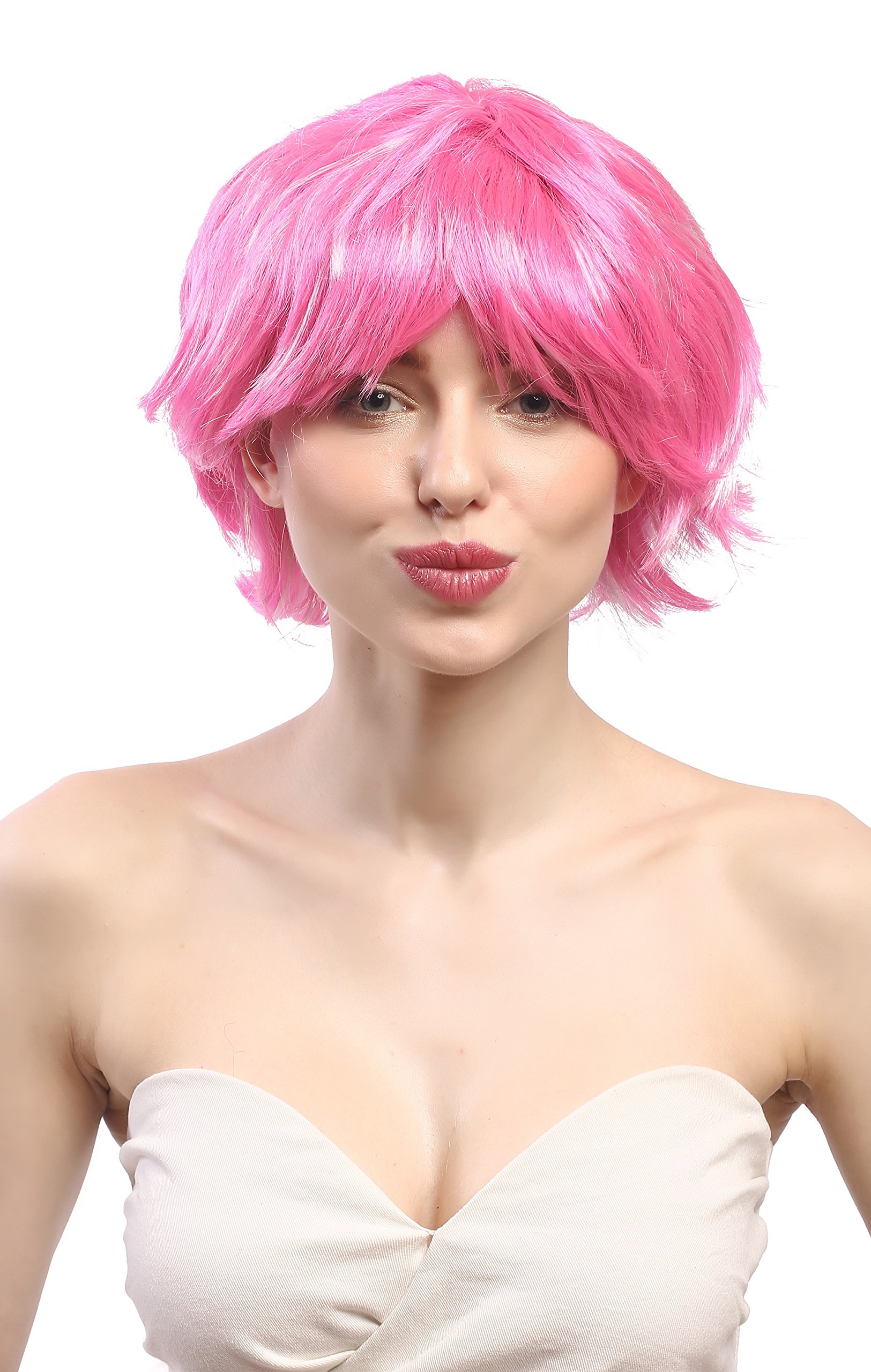 WIG ME UP Damen Perücke Kurz Pink Locken | 80er Popstar Style Für Karneval, Fasching & Cosplay | Elastisches Haarnetz