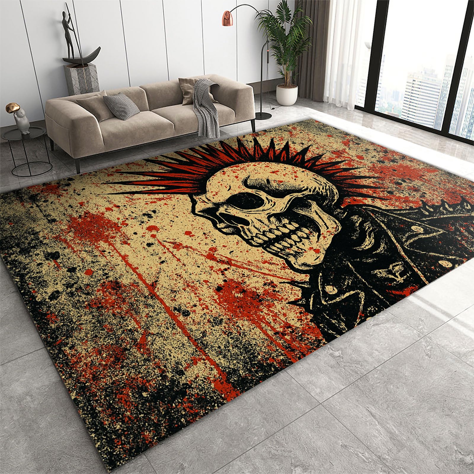HYGIUID 5x6 Blood Punk Rock Skull Area Rug - Shabby Graffiti Skeleton Area Rugs for Kitchen, Mohawk Rebel Skull Bedroom Area Rug Kids Low Pile Rug for