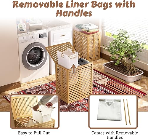 Miniatura 5 de VEIKOU Cesta con tapa, cesta de bambú para ropa sucia, 2 compartimentos, divisor para ropa sucia, cesta grande plegable de 120 litros con bolsas