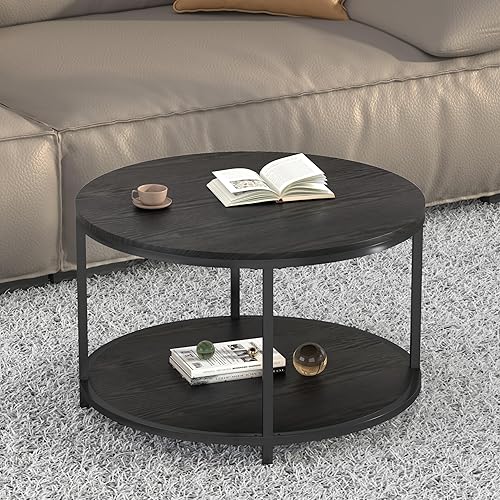 Miniatura 9 de Mesa de centro redonda de 36 pulgadas, superficie superior de madera rústica y patas de metal resistentes, mesa industrial para sala de estar, Nogal
