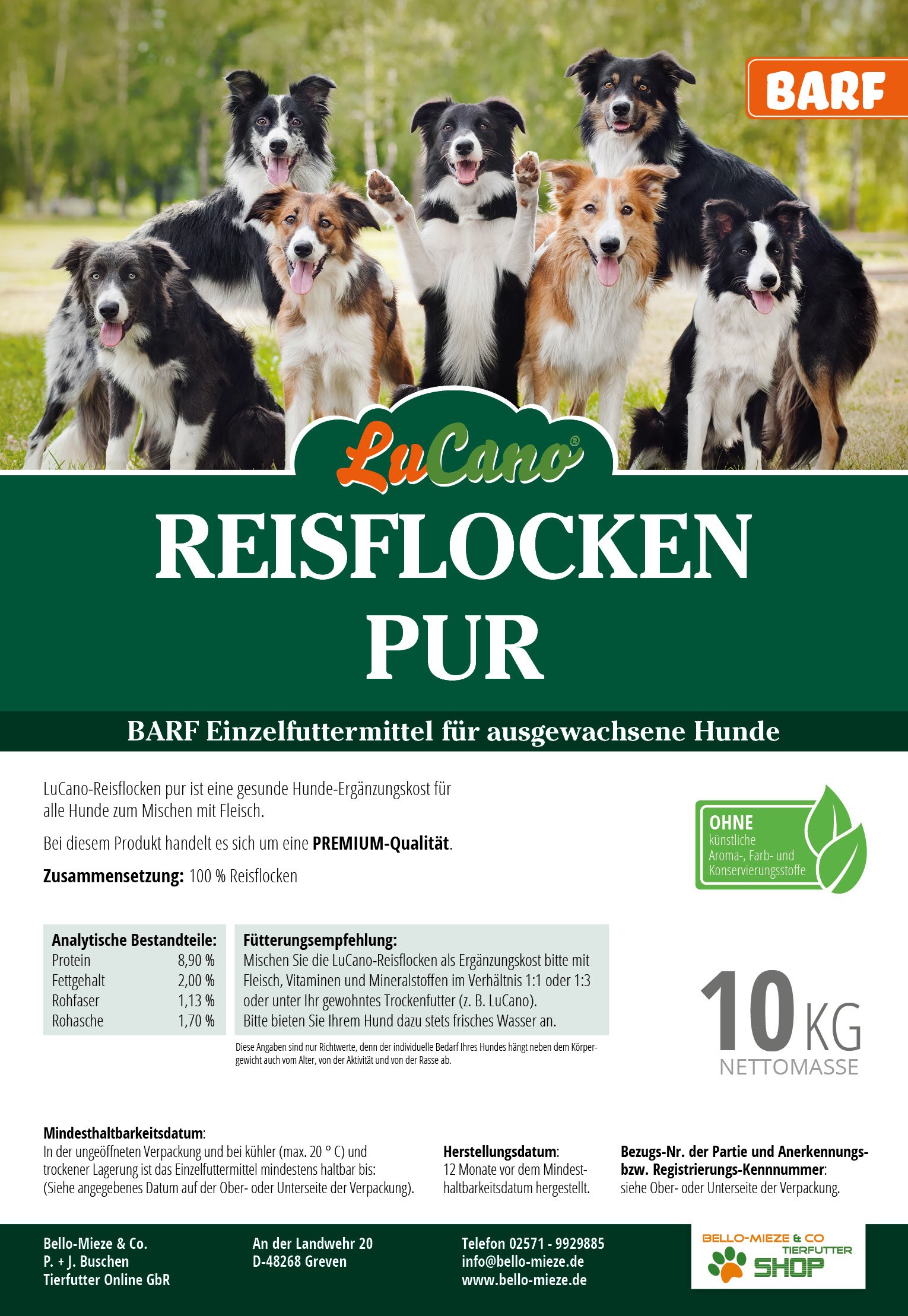 LuCano Flocs 1 Kg – BARF Ergänzungsfutter Für Hunde, Mit Mais, Reis, Gemüse & Nudeln