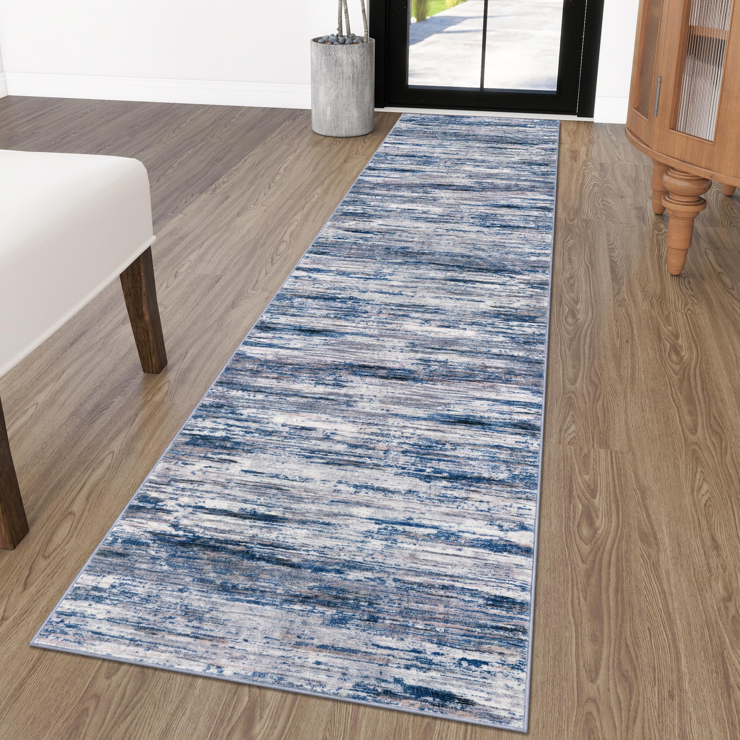 SIILOOM 2x10 Modern Abstract Runner Rug for Hallways, Navy Blue Gray Neutral Multi Super Soft Hallway Decor Kitchen Rugs with Non-Slip, Non-Shedding