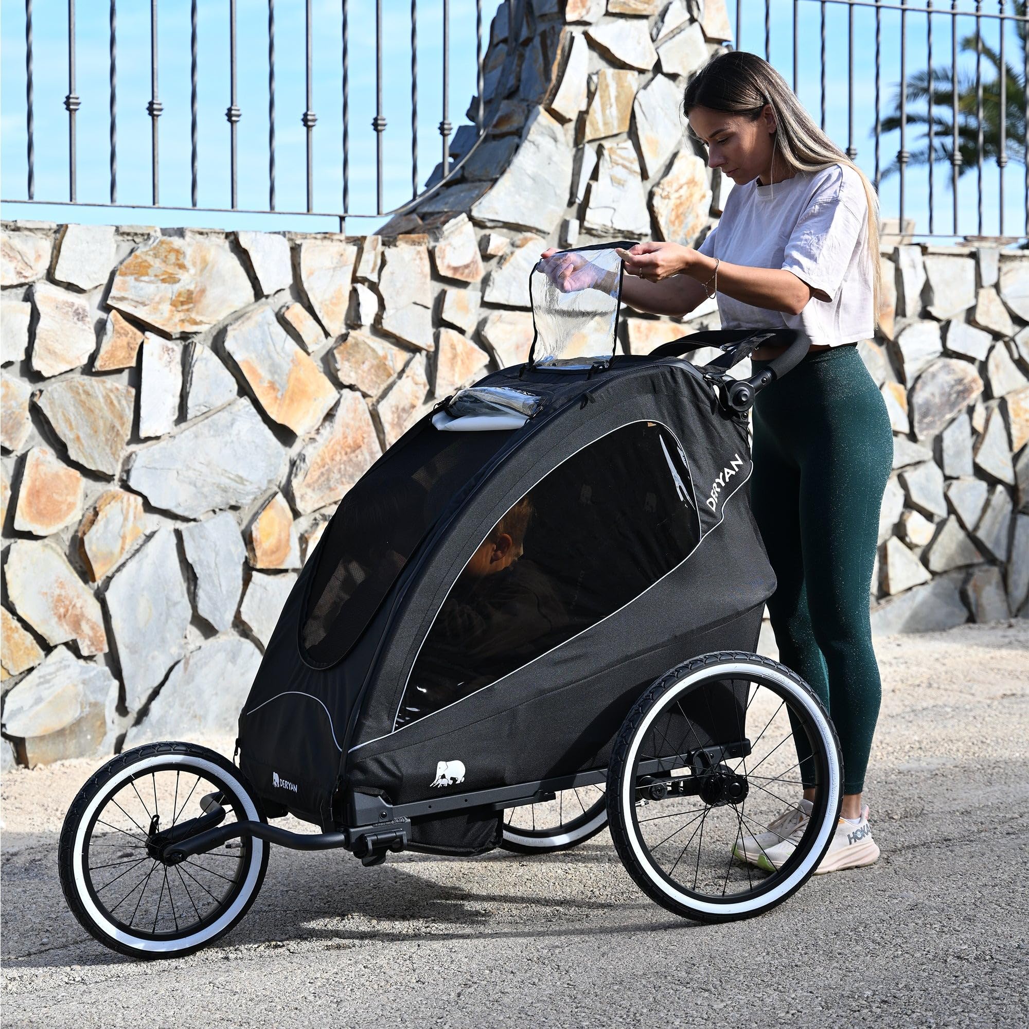 Deryan Luxus 3-in-1 Rimorchio per Bicicletta per 1 Bambini – Rimorchio per Bicicletta, Passeggino & Jogger – Passeggino Multifunzionale con Cintura a 5 Punti – Nero