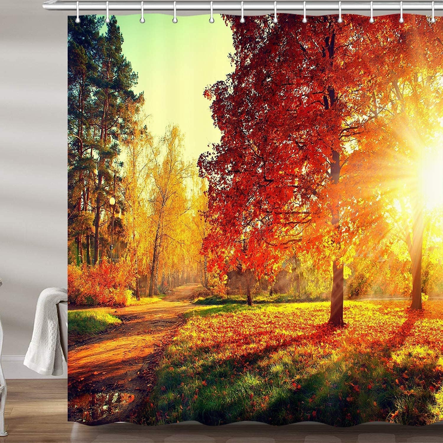 JAWO Fall Decor Shower Curtain for Bathroom, Golden Autumn Forest Farm House Natural Leaves Profession Waterproof Polyester Fabric Bath Curtains Decor with 12PCS Hooks 72X84 Inches