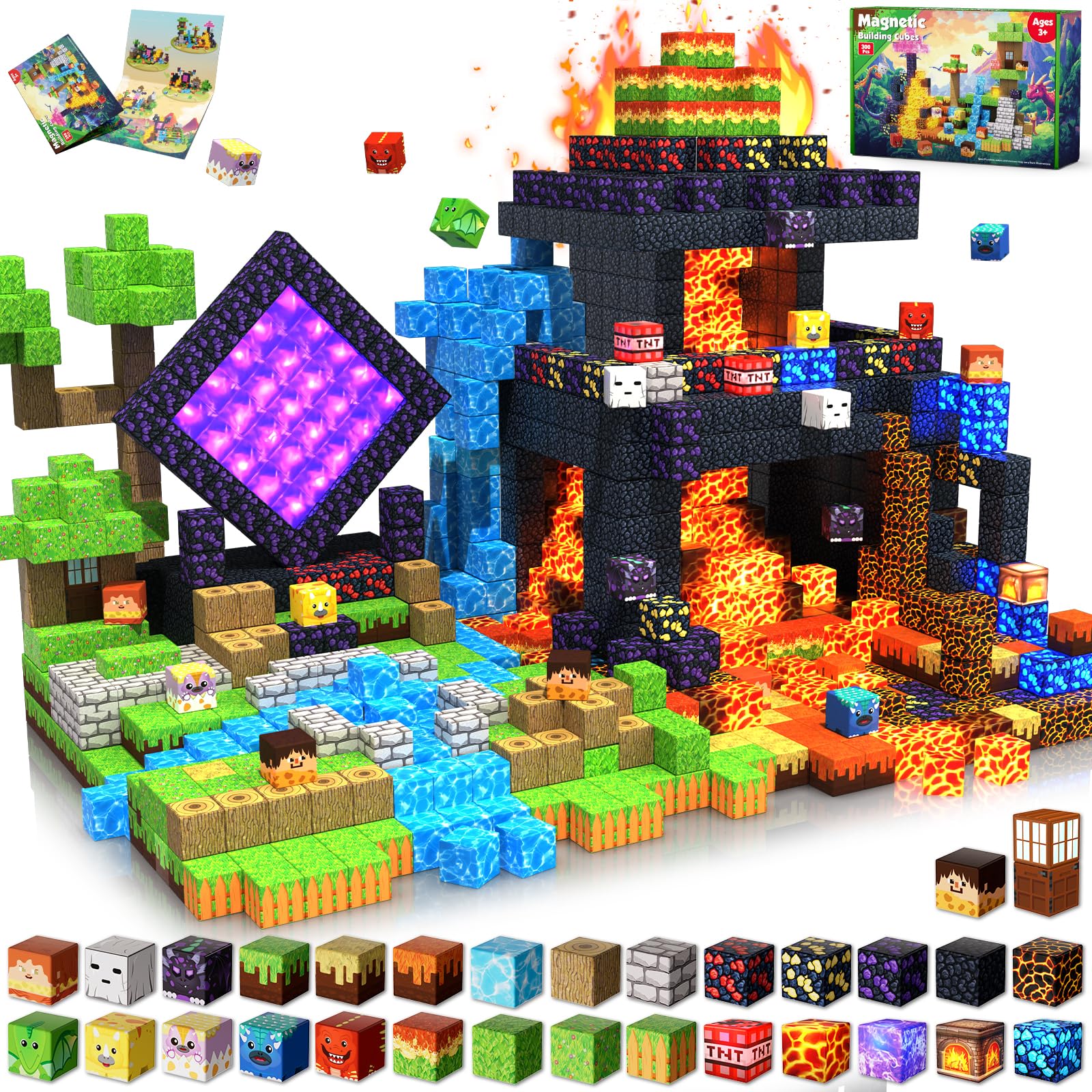 GraceDuck Magnetische Bausteine Wald-Portal Set 200 Teile - Lava & Felsen - Baue Magnetische Blöcke Spiel - Magnetbausteine Kreatives Montessori spielzeug ab 3-9 Jahre - Magnetic Blocks STEM Geschenke