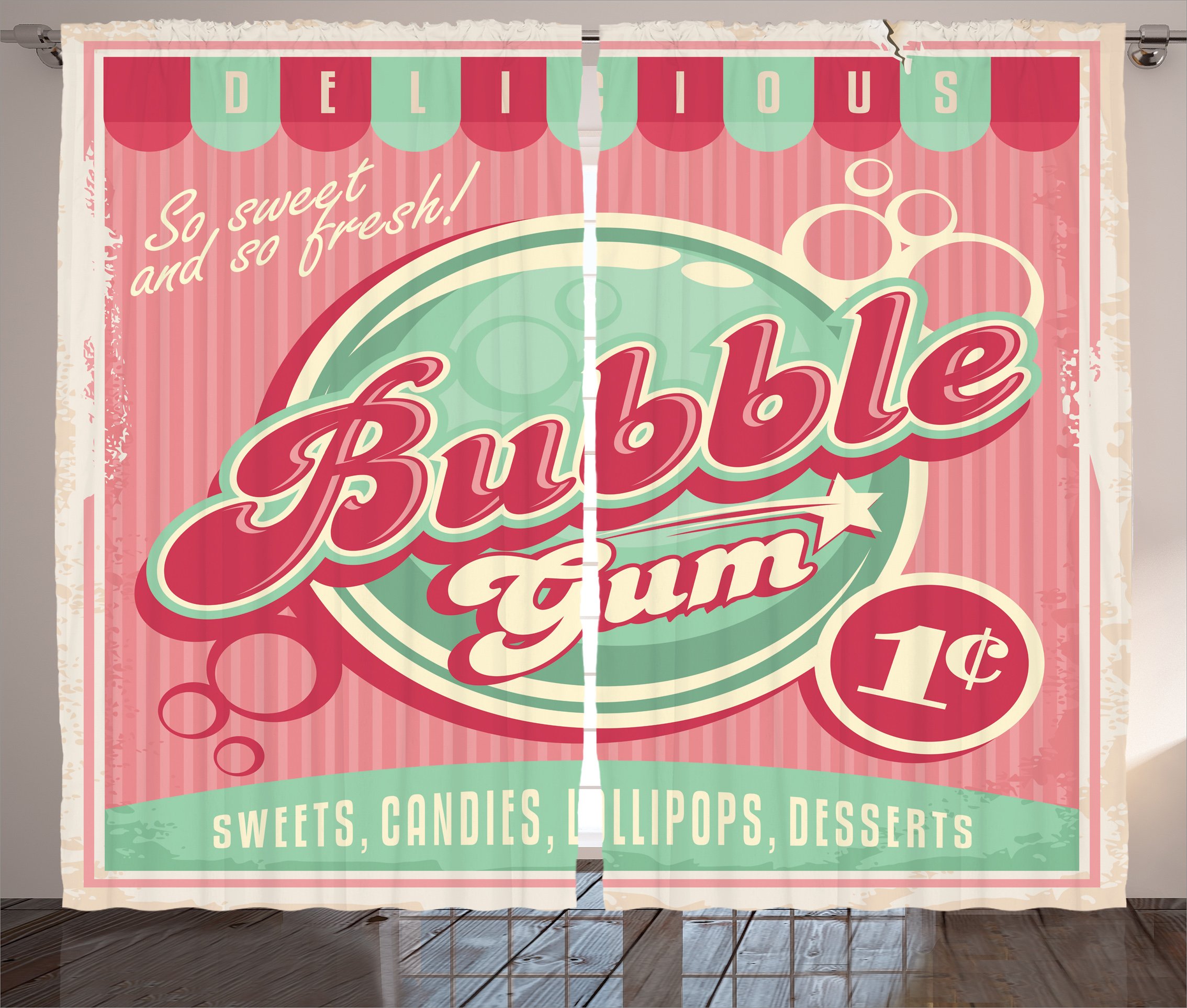 Lunarable 1950s Curtains, Bubble Gum Tasty Candy Lollipop Sugar Advertise Poster Style Print, Living Room Bedroom Window Drapes 2 Panel Set, 108" X 63", Pale Pink and Pale Green
