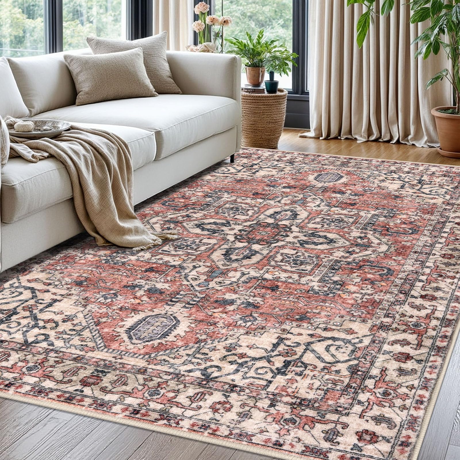 KOZYFLY Boho Area Rug 5x7 Ft Thin Washable Rugs for Living Room Faux Wool Throw Carpet Printed Non Slip Rug for Entryway Bedroom Dining Room Living Space, Terracotta/Beige โ image 1