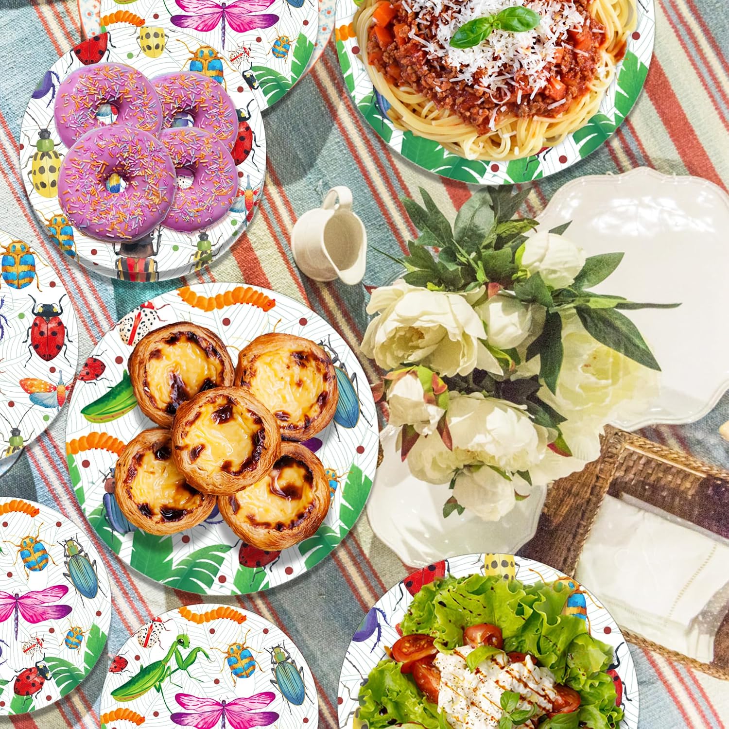 Insect Birthday Paper Plates Napkins Ladybug Dragonfly Disposable Tableware Set Party Supplies Insect Theme Dinnerware Cutlery Sets Serves 24 Guests for Party Plates Napkins 88PCS