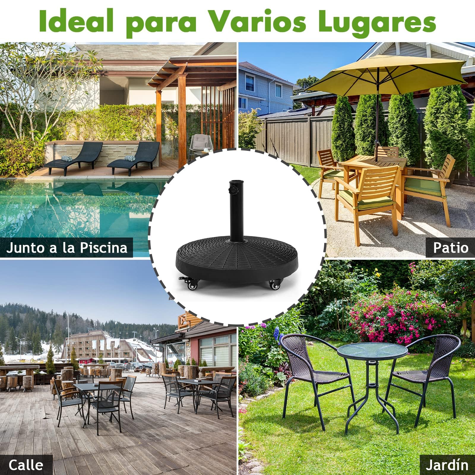 COSTWAY Base de Sombrilla de Resina de 23 kg, Soporte para Sombrilla Resistente al Aire Libre con Ruedas Bloqueables y Orificio de Poste Ajustable, Diseño de Ratán, para la Piscina (23 kg)