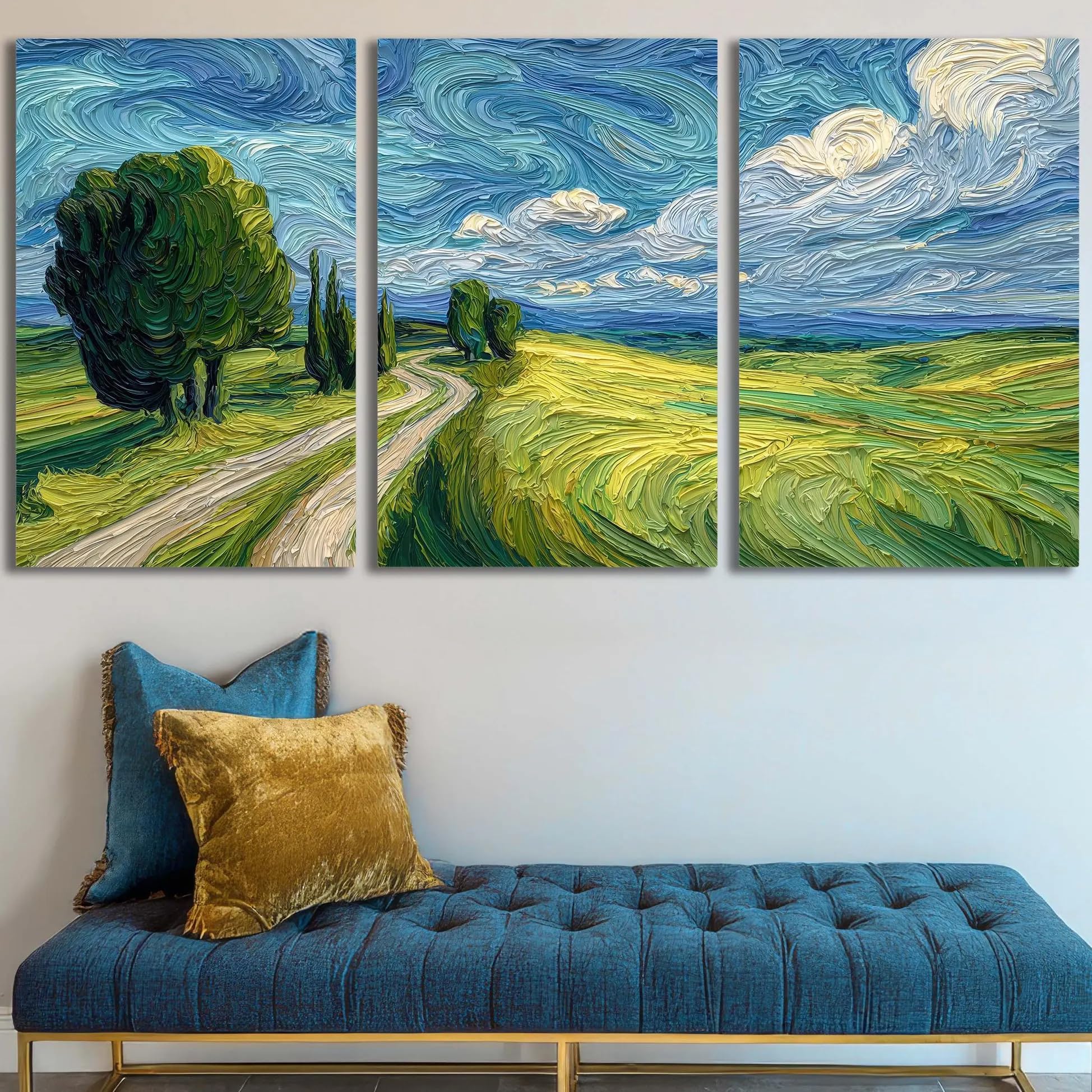 3-częściowy tryptyk krajobraz Van Gogh styl sztuka ścienna na płótnie elegancka dekoracja domu (70x90cmx3/bez ramki)