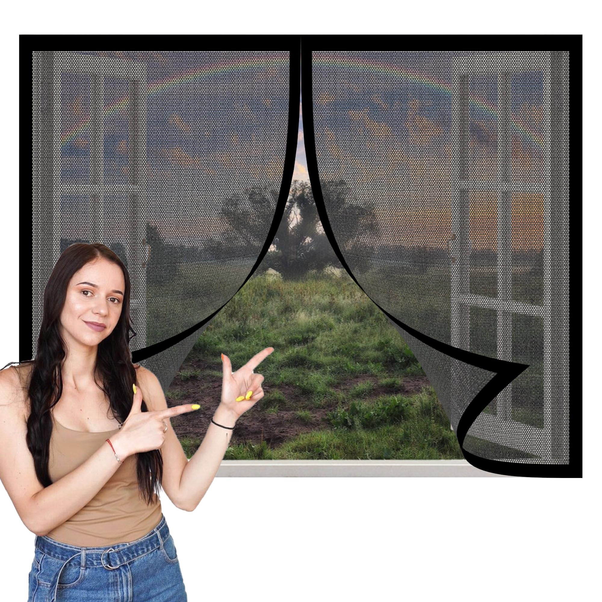 Magnetic Window Fly Screens Windows 120 x 120 cm with Selfadhesive DIY Window Bug Screen Kit Mosquito Easy Install for Windows Doors and Patio Screens, Black