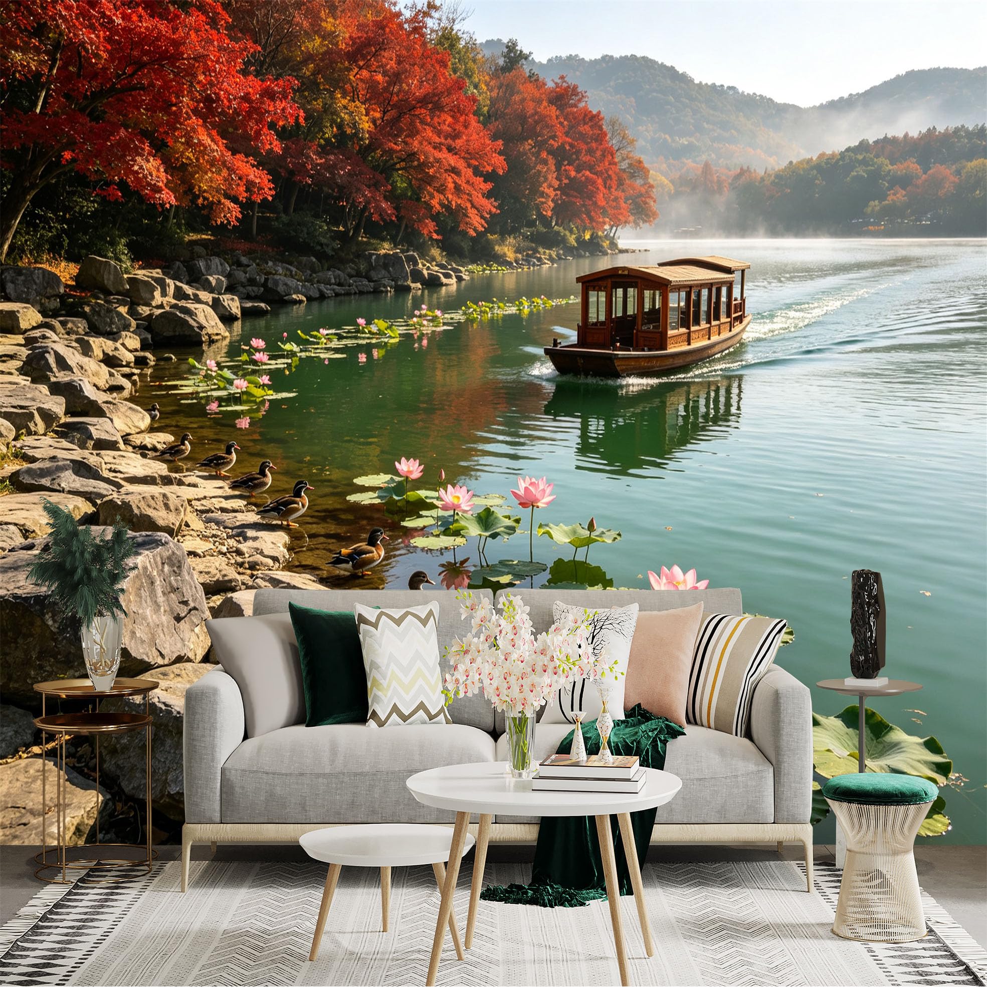 Custom Size Wall Sticker Mural， Scenic Autumn Lake with Wooden Boat， Lotus Flowers and Ducks， for wall Decoration， peelandstick wall Decals.