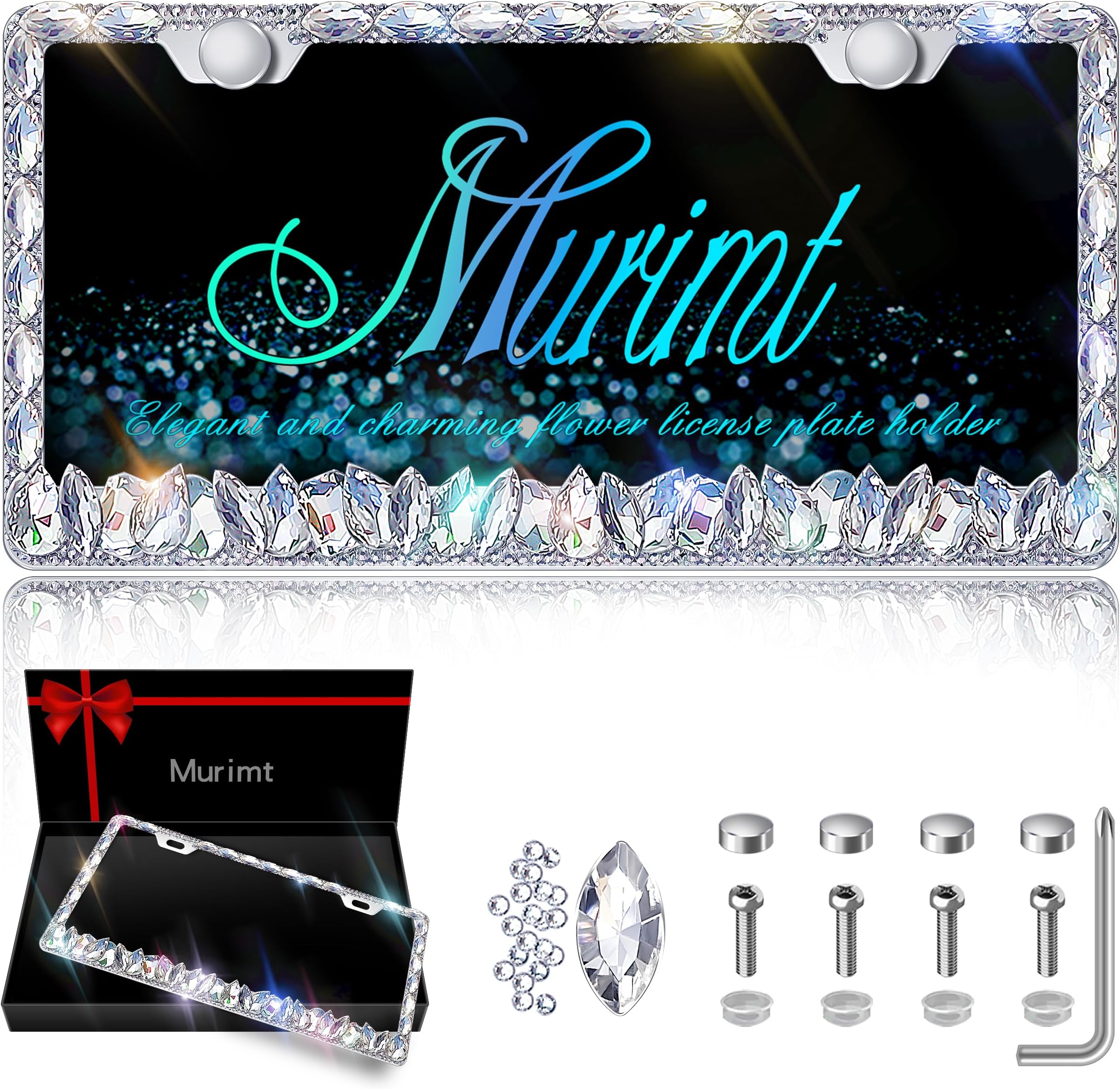 Murimt Rhinestone License Plate Frames 2 Pack Sparkly Glitter Bedazzled License Plate Frame Bling License Plate Holder Cover - High End Gift Box Packaging Bling Car Accessories for Women