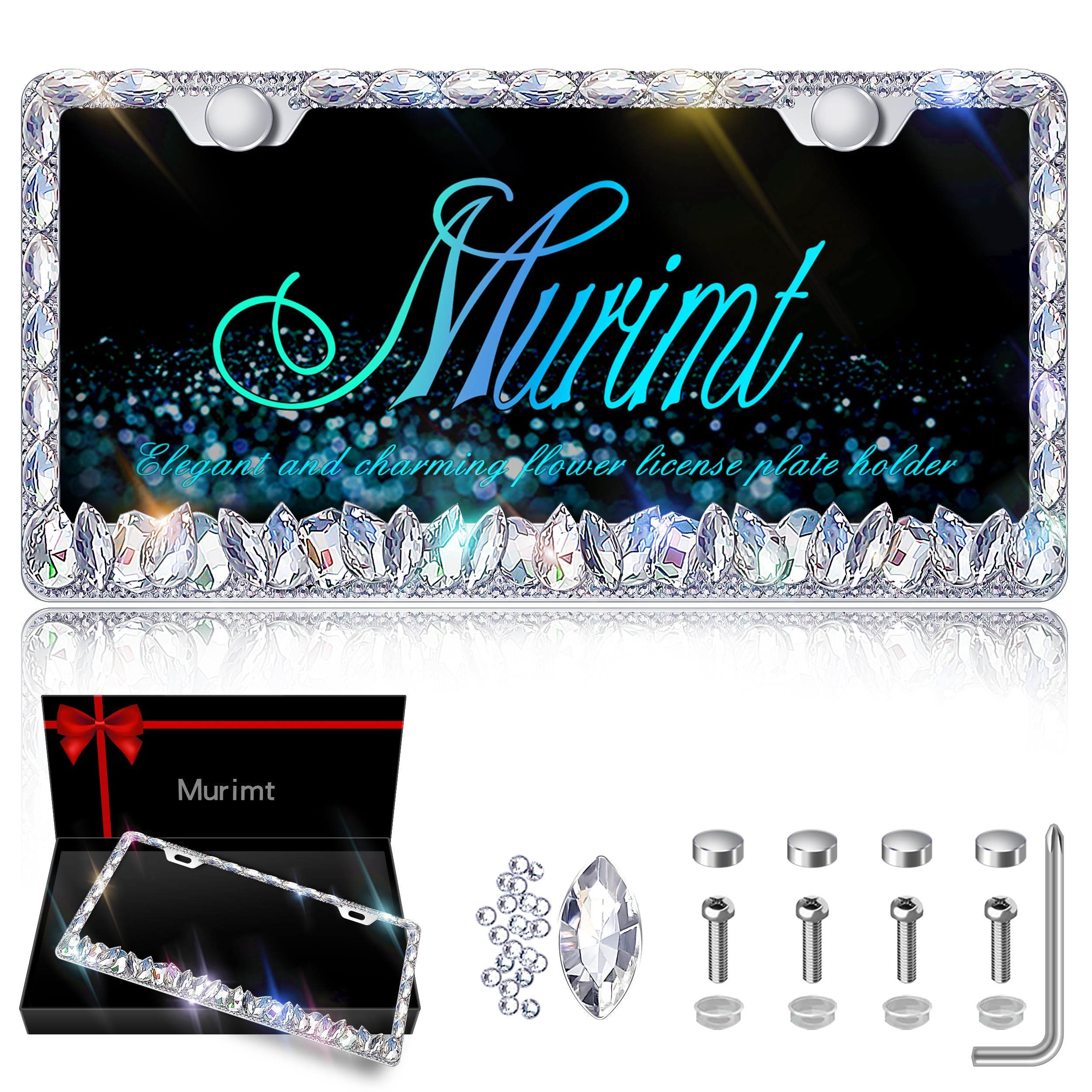 Murimt Rhinestone License Plate Frames 2 Pack Sparkly Glitter Bedazzled License Plate Frame Bling License Plate Holder Cover - High End Gift Box Packaging Bling Car Accessories for Women