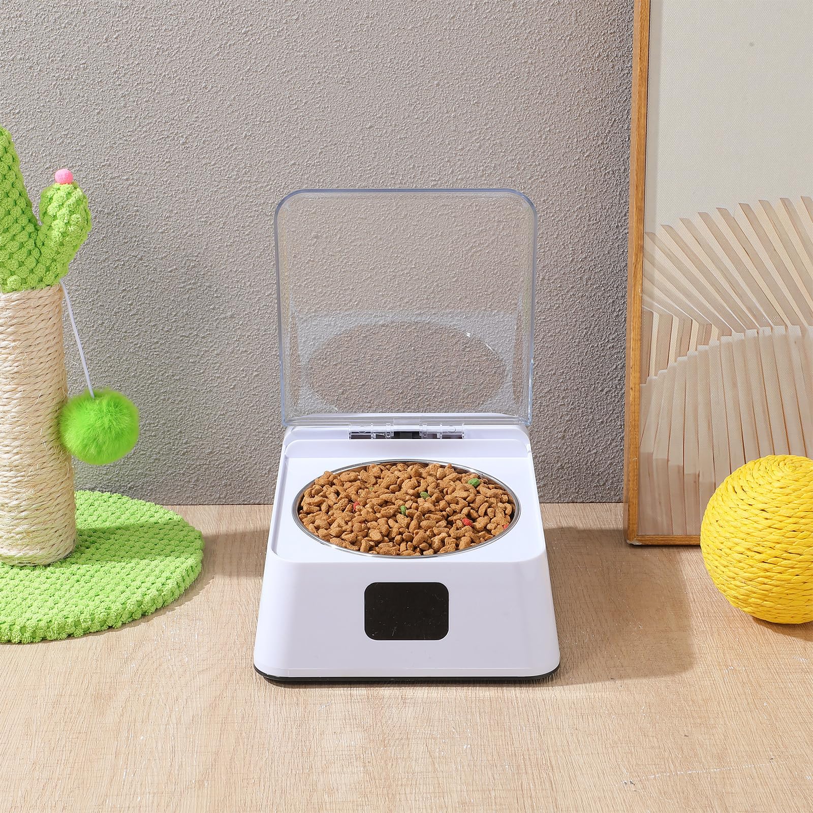 jojofuny Distributore Automatico Cibo per Animali con Sensore a Induzione, Ciotola in Plastica Bianco con Base Antiscivolo e Batteria, Grande Capacità per Cani e Altri Animali