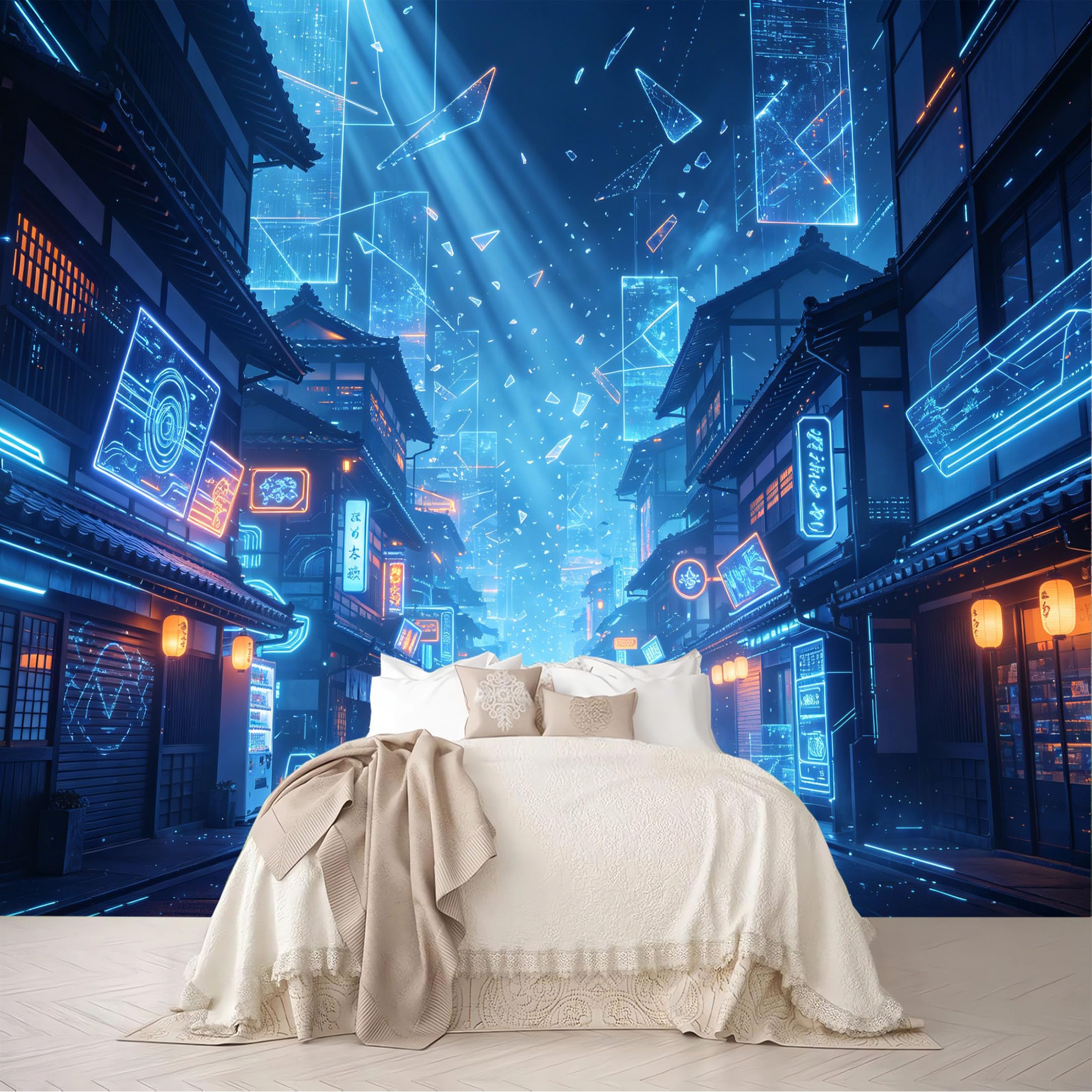 Dskjoviality Ab260706069 Custom Size Wall Murals Blue Neon Cyber Traditional Street Hologram Scene Removable Self-Adhesive For Bedroom Living Room Dining Room